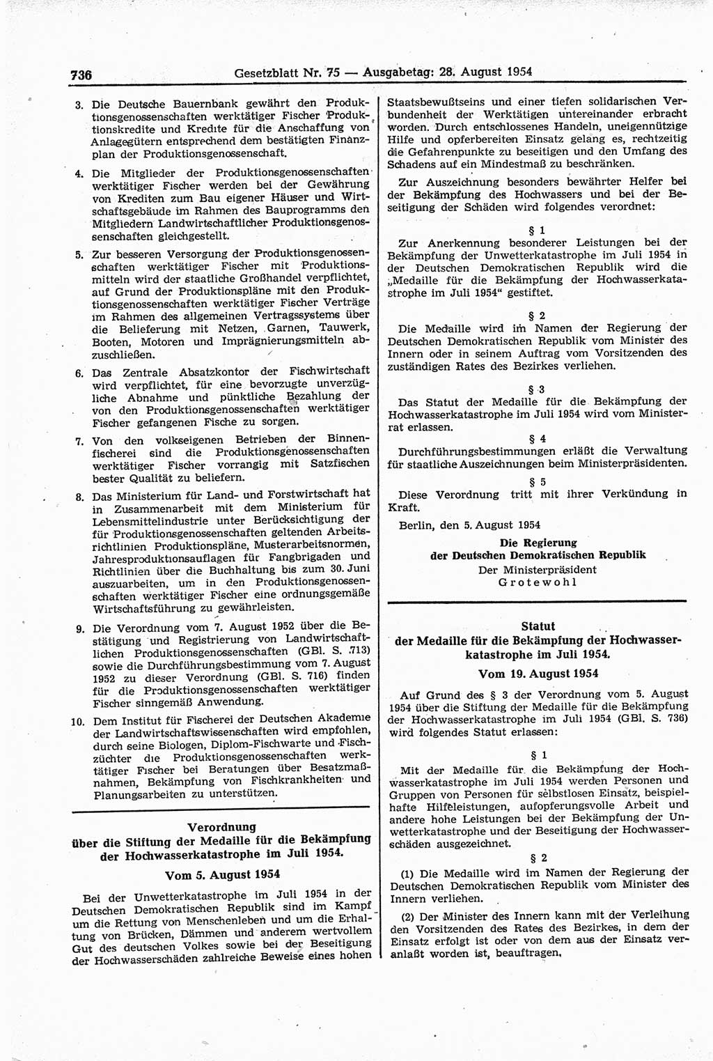 Gesetzblatt (GBl.) der Deutschen Demokratischen Republik (DDR) 1954, Seite 736 (GBl. DDR 1954, S. 736)