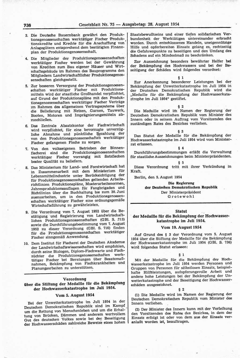 Gesetzblatt (GBl.) der Deutschen Demokratischen Republik (DDR) 1954, Seite 736 (GBl. DDR 1954, S. 736)