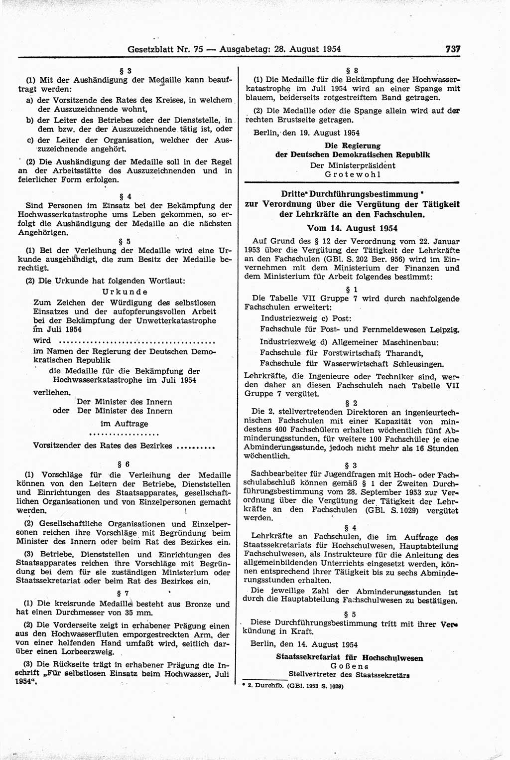 Gesetzblatt (GBl.) der Deutschen Demokratischen Republik (DDR) 1954, Seite 737 (GBl. DDR 1954, S. 737)