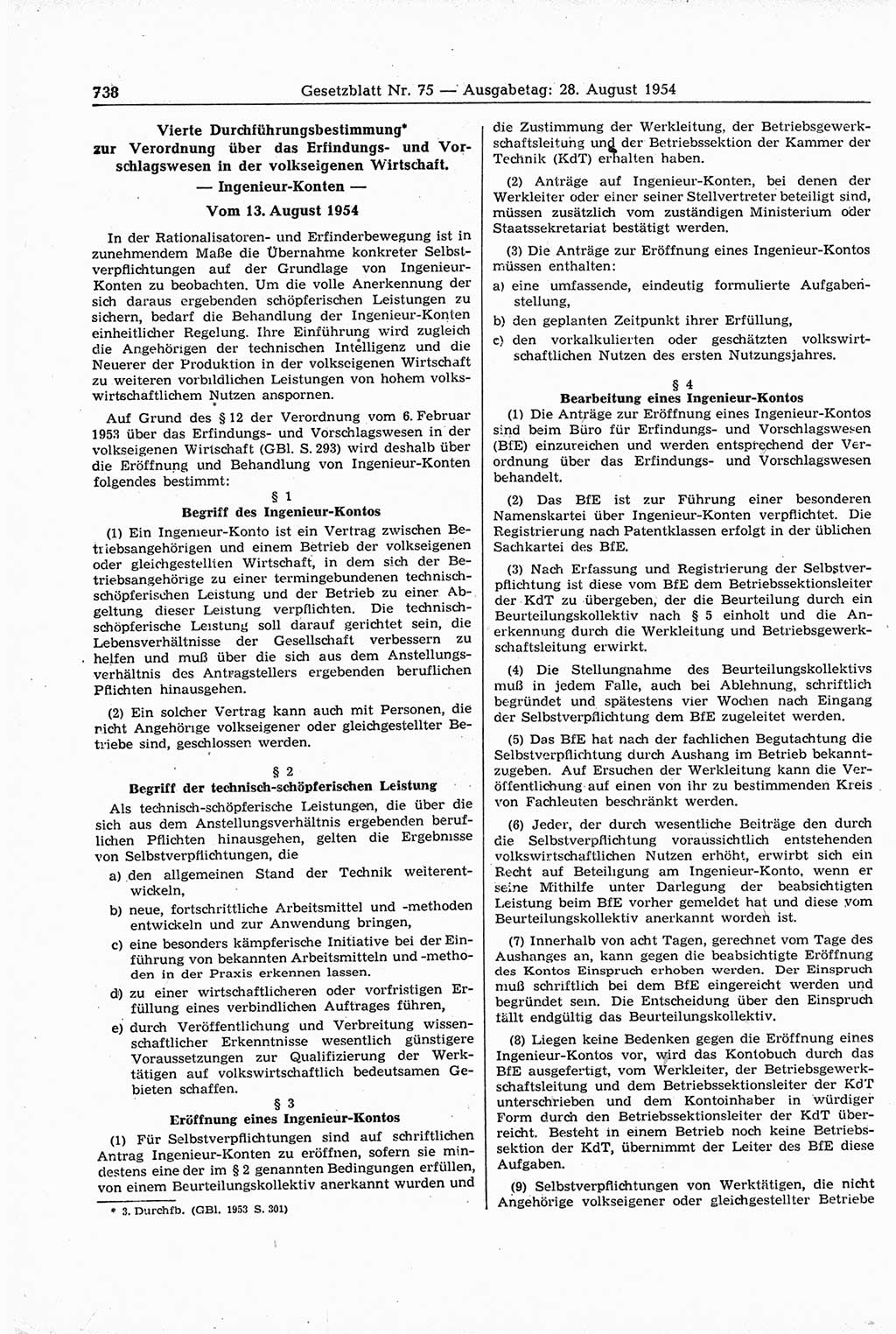 Gesetzblatt (GBl.) der Deutschen Demokratischen Republik (DDR) 1954, Seite 738 (GBl. DDR 1954, S. 738)