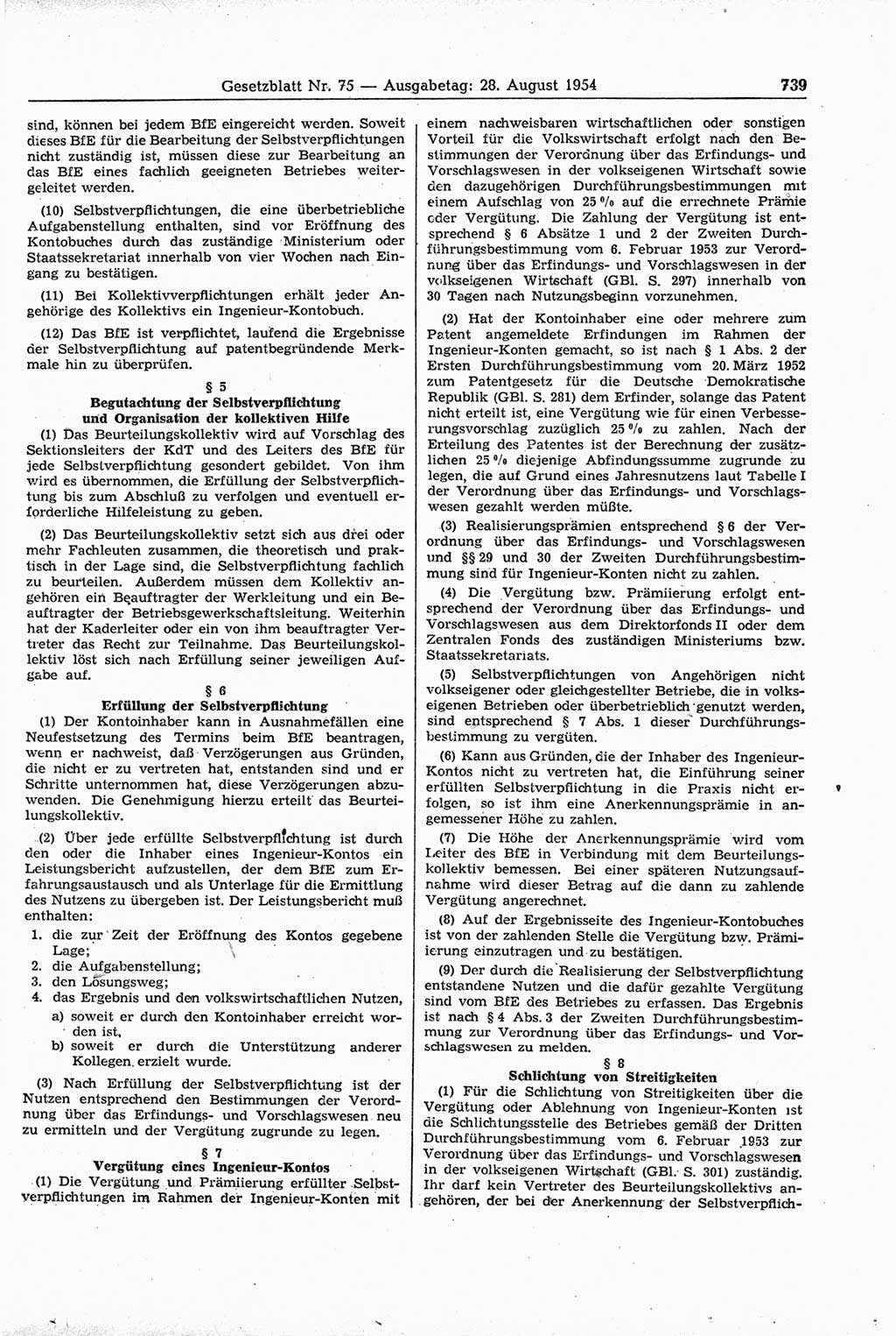 Gesetzblatt (GBl.) der Deutschen Demokratischen Republik (DDR) 1954, Seite 739 (GBl. DDR 1954, S. 739)