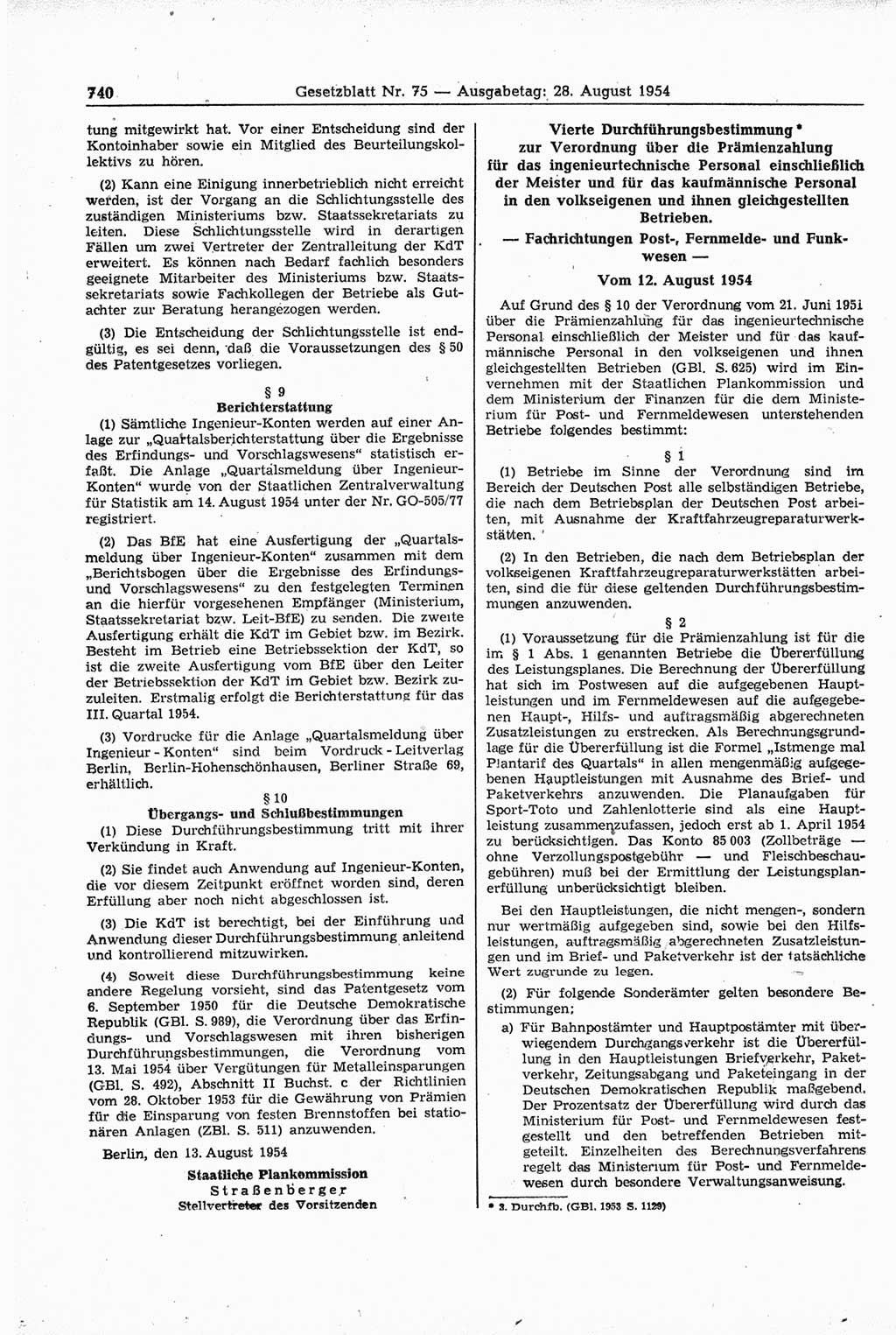 Gesetzblatt (GBl.) der Deutschen Demokratischen Republik (DDR) 1954, Seite 740 (GBl. DDR 1954, S. 740)
