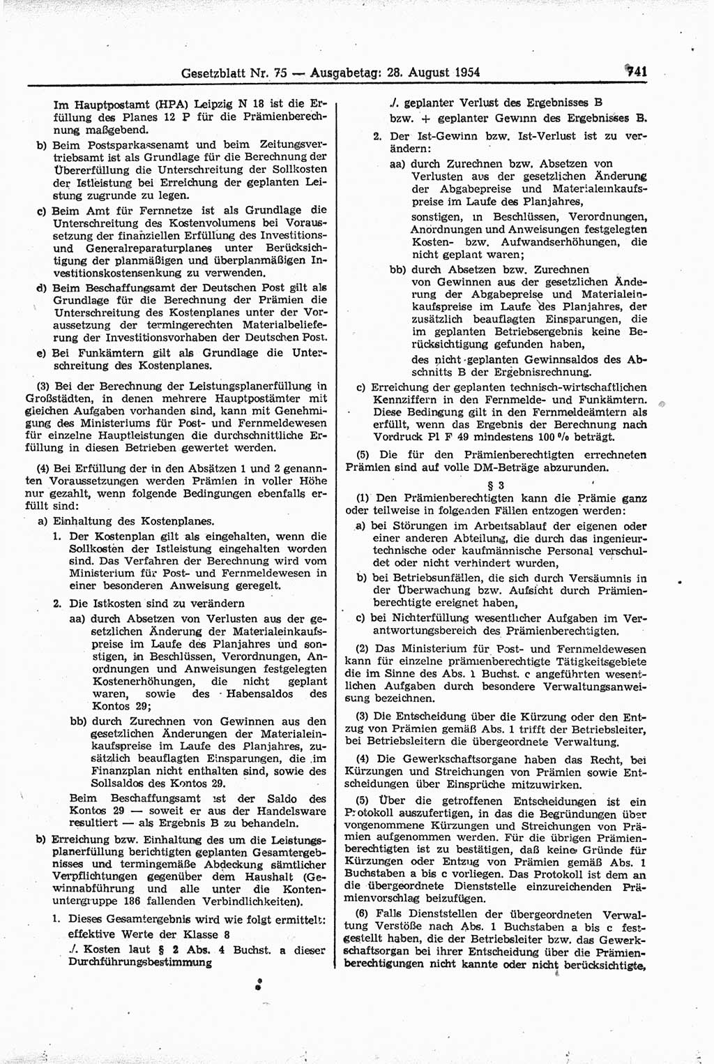 Gesetzblatt (GBl.) der Deutschen Demokratischen Republik (DDR) 1954, Seite 741 (GBl. DDR 1954, S. 741)