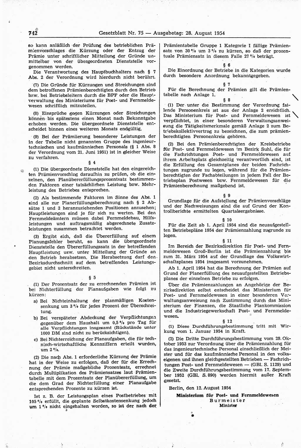 Gesetzblatt (GBl.) der Deutschen Demokratischen Republik (DDR) 1954, Seite 742 (GBl. DDR 1954, S. 742)