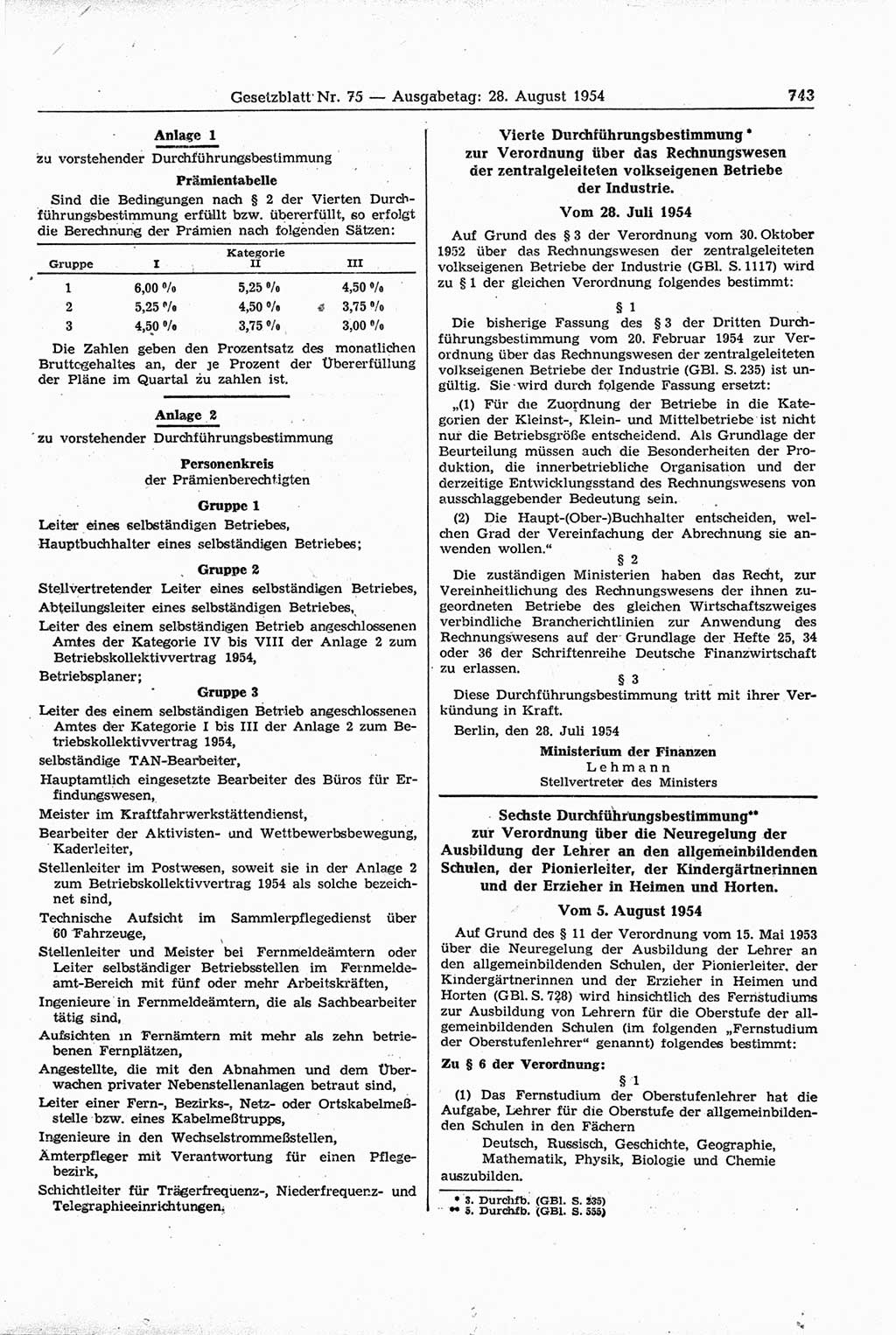 Gesetzblatt (GBl.) der Deutschen Demokratischen Republik (DDR) 1954, Seite 743 (GBl. DDR 1954, S. 743)