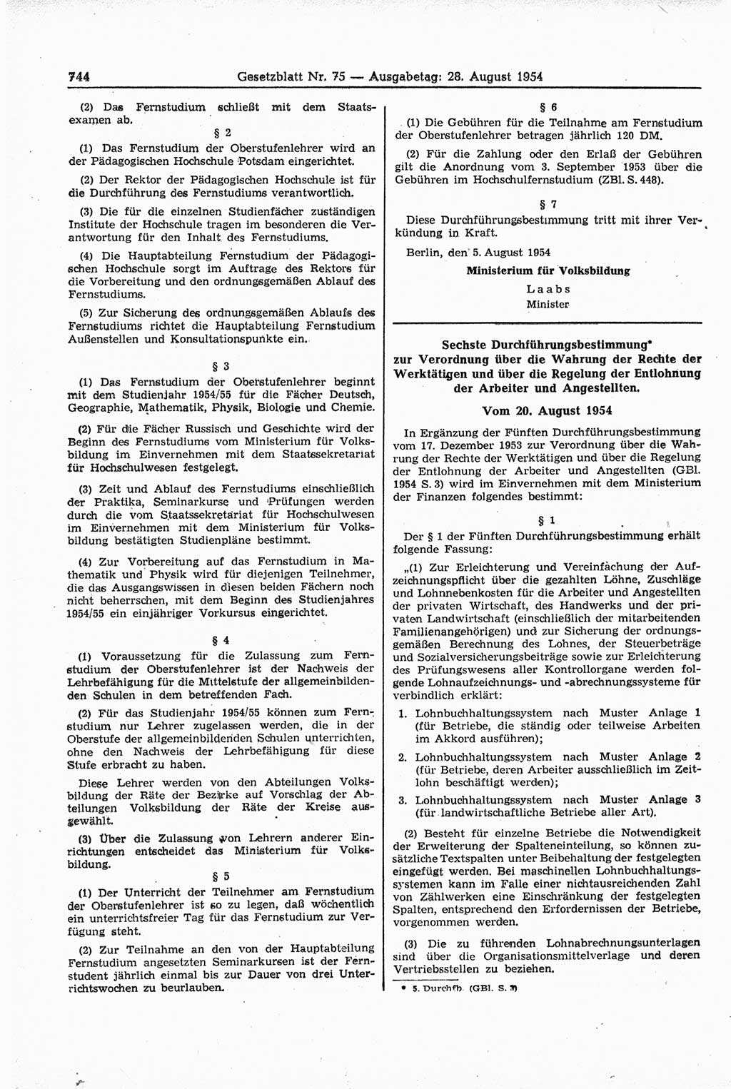 Gesetzblatt (GBl.) der Deutschen Demokratischen Republik (DDR) 1954, Seite 744 (GBl. DDR 1954, S. 744)