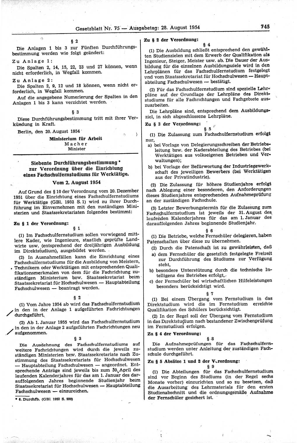 Gesetzblatt (GBl.) der Deutschen Demokratischen Republik (DDR) 1954, Seite 745 (GBl. DDR 1954, S. 745)