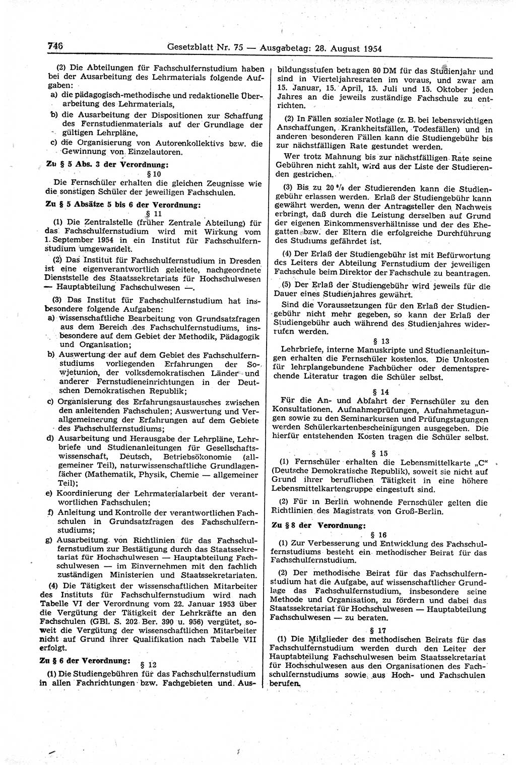 Gesetzblatt (GBl.) der Deutschen Demokratischen Republik (DDR) 1954, Seite 746 (GBl. DDR 1954, S. 746)