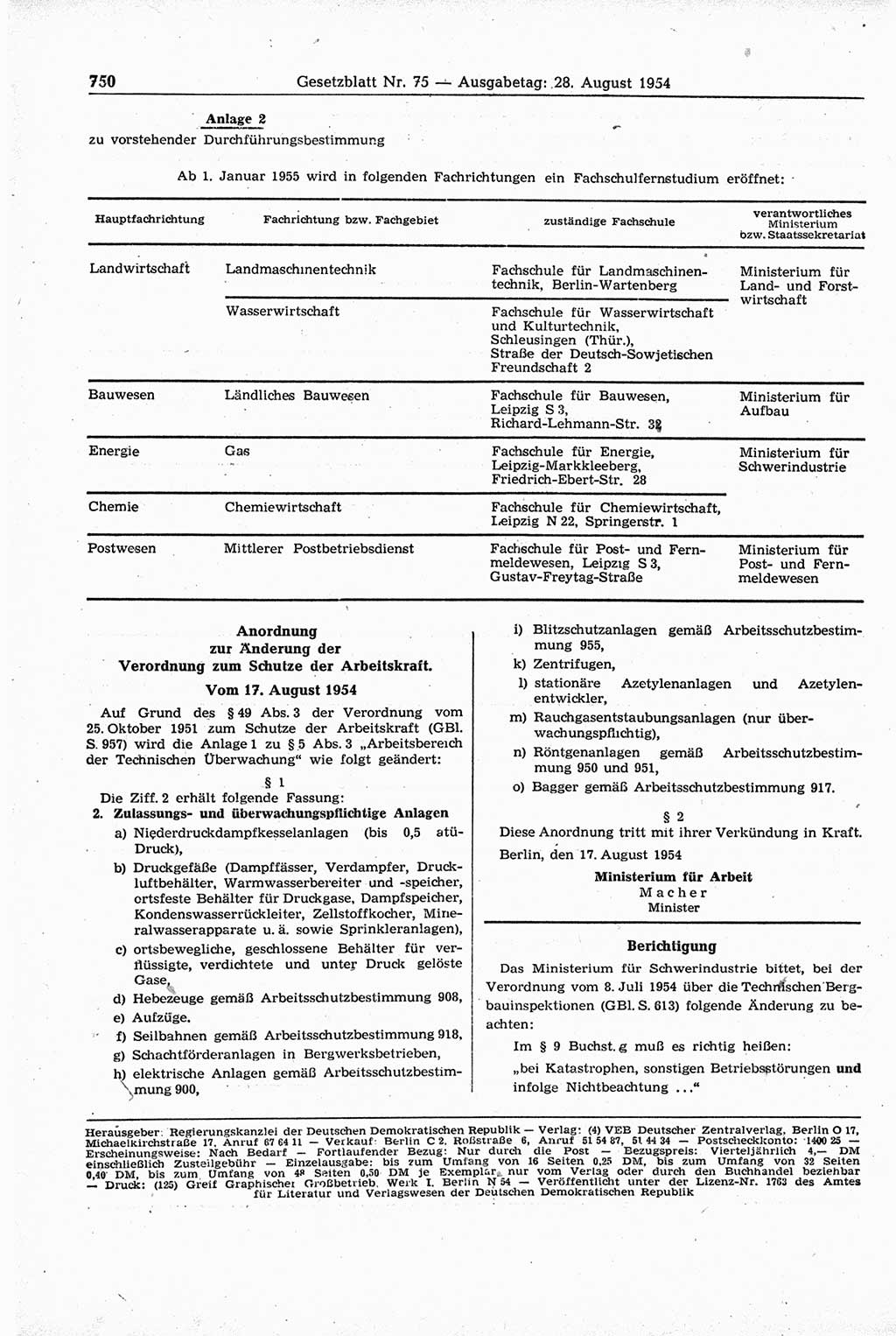 Gesetzblatt (GBl.) der Deutschen Demokratischen Republik (DDR) 1954, Seite 750 (GBl. DDR 1954, S. 750)