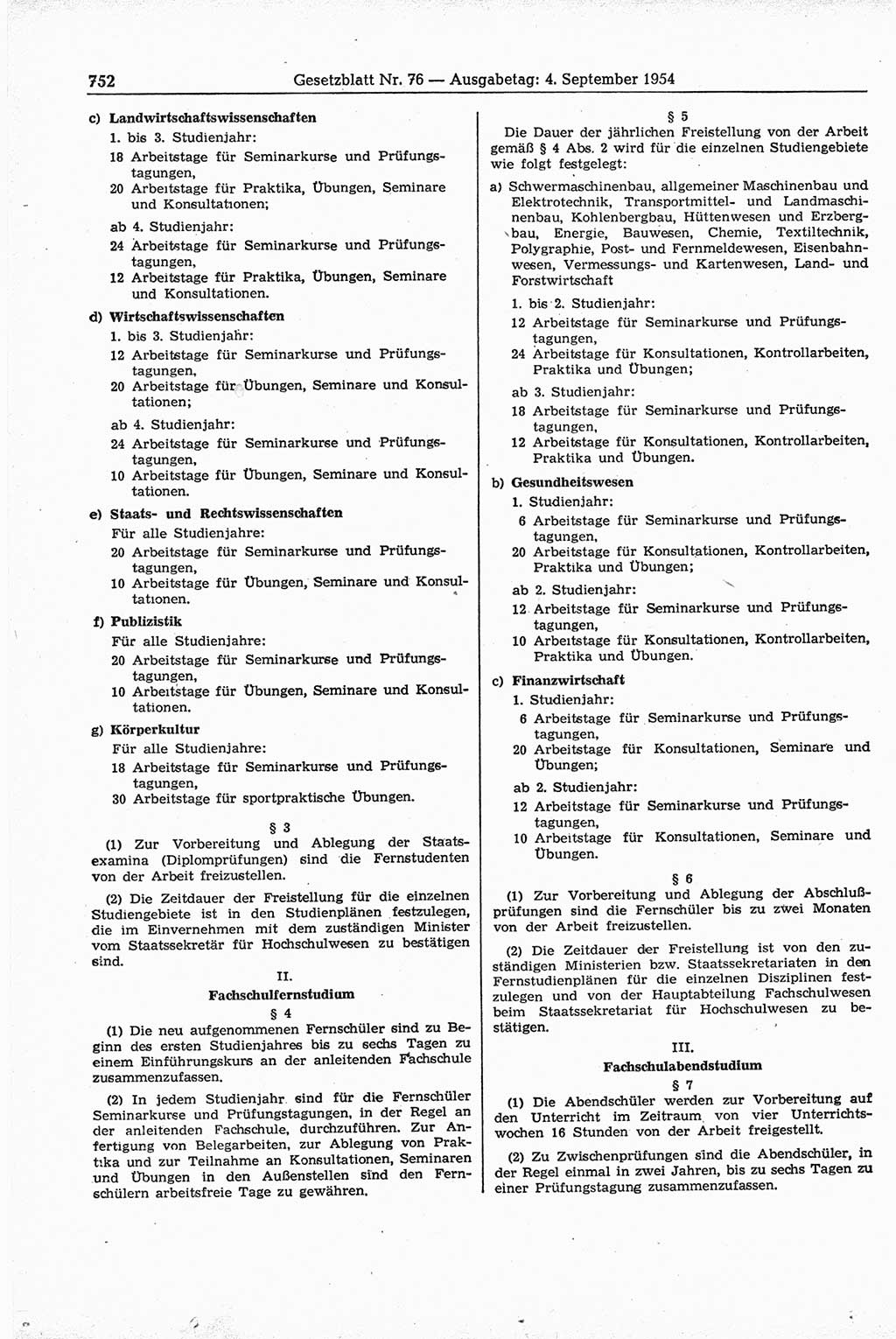 Gesetzblatt (GBl.) der Deutschen Demokratischen Republik (DDR) 1954, Seite 752 (GBl. DDR 1954, S. 752)