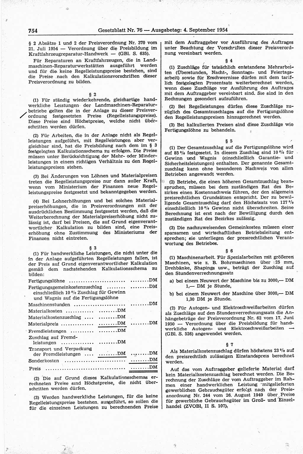 Gesetzblatt (GBl.) der Deutschen Demokratischen Republik (DDR) 1954, Seite 754 (GBl. DDR 1954, S. 754)