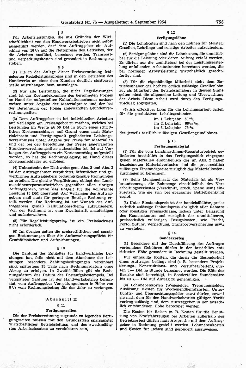 Gesetzblatt (GBl.) der Deutschen Demokratischen Republik (DDR) 1954, Seite 755 (GBl. DDR 1954, S. 755)