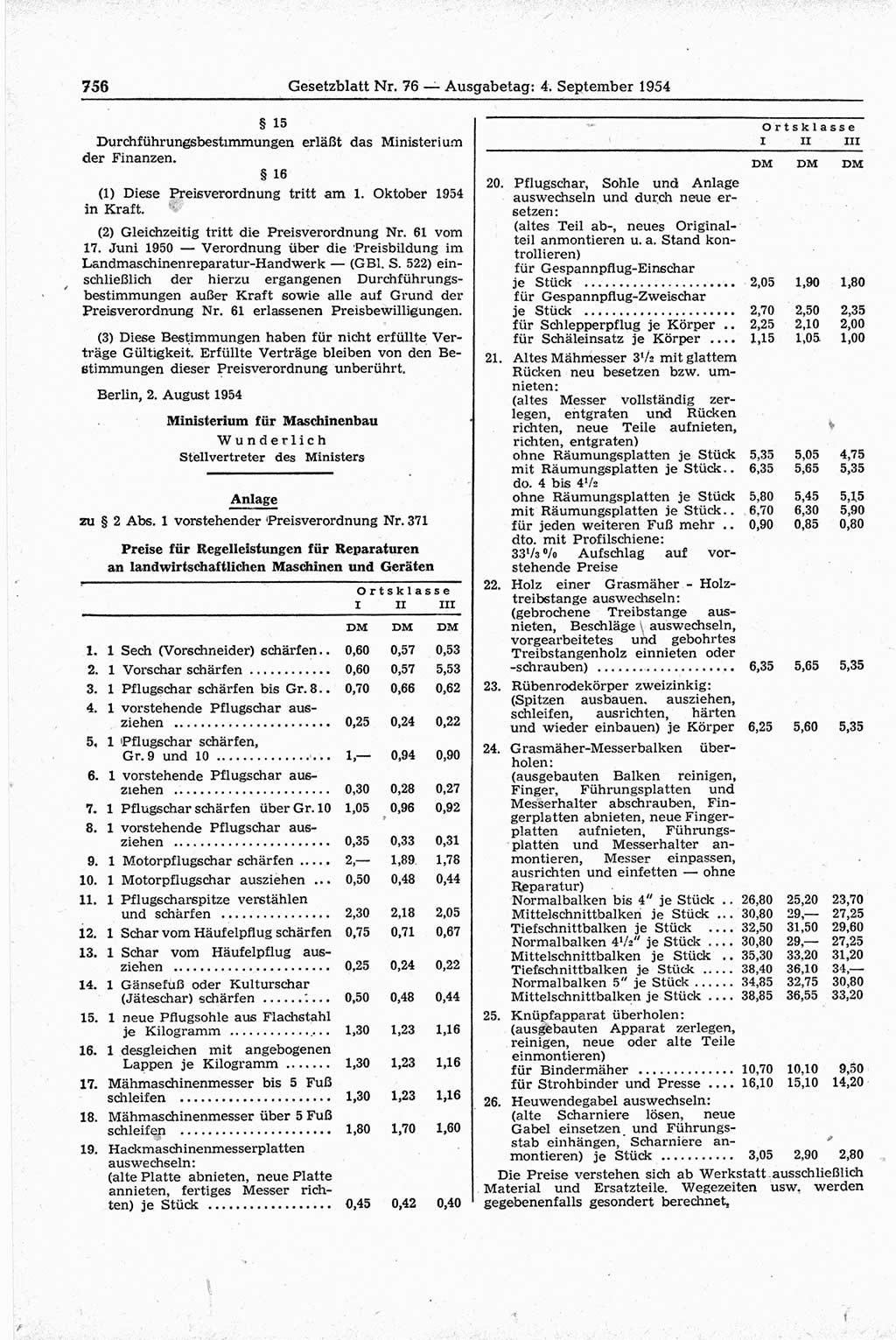 Gesetzblatt (GBl.) der Deutschen Demokratischen Republik (DDR) 1954, Seite 756 (GBl. DDR 1954, S. 756)
