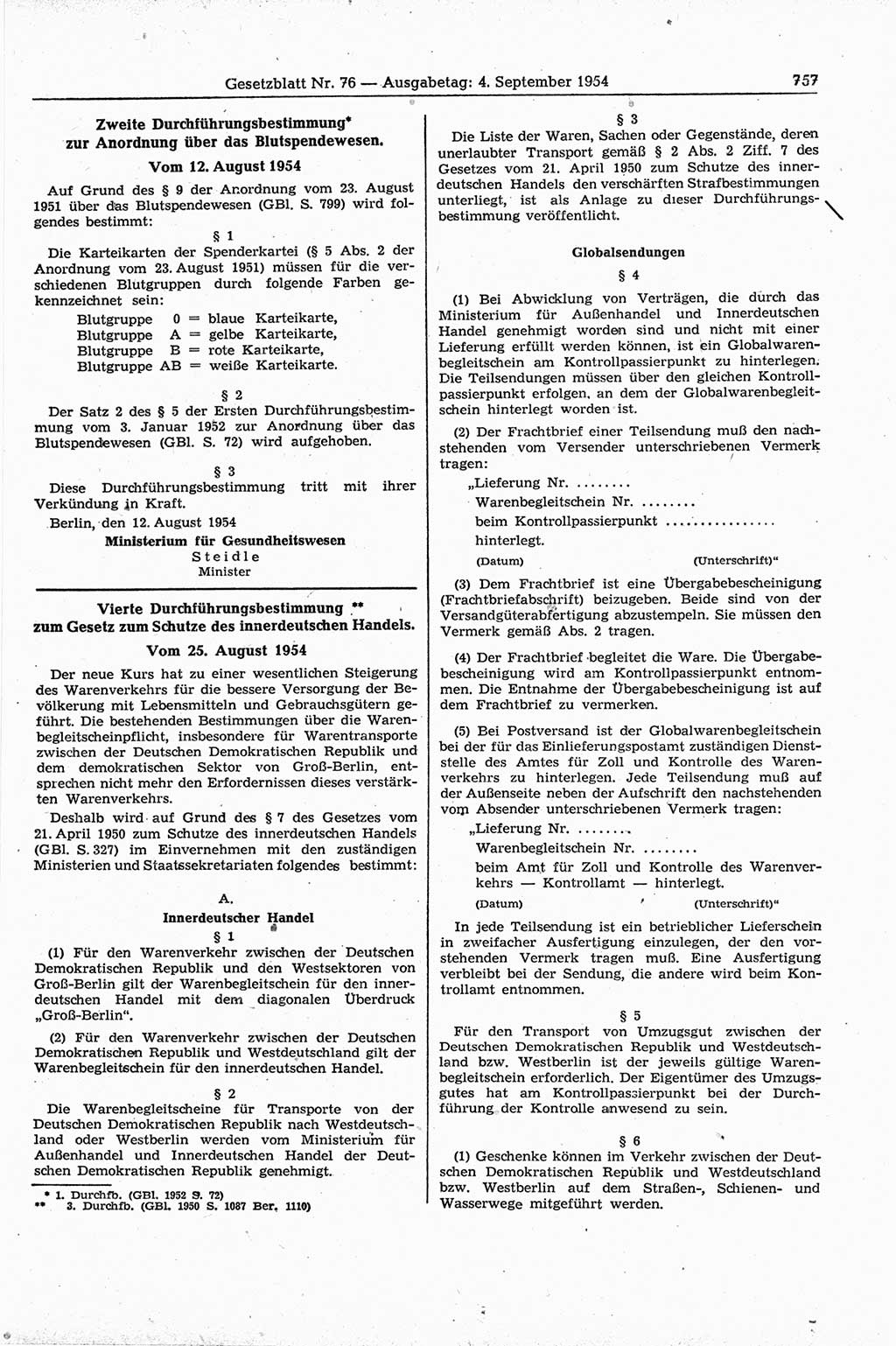Gesetzblatt (GBl.) der Deutschen Demokratischen Republik (DDR) 1954, Seite 757 (GBl. DDR 1954, S. 757)