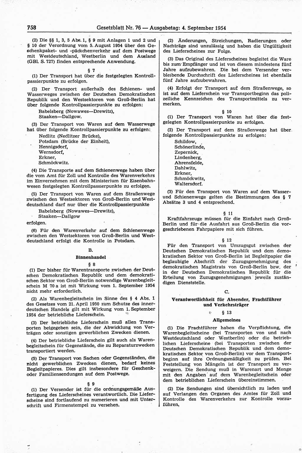 Gesetzblatt (GBl.) der Deutschen Demokratischen Republik (DDR) 1954, Seite 758 (GBl. DDR 1954, S. 758)