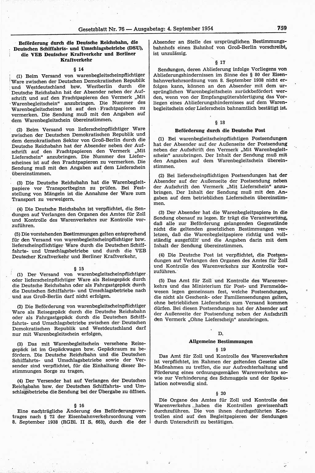 Gesetzblatt (GBl.) der Deutschen Demokratischen Republik (DDR) 1954, Seite 759 (GBl. DDR 1954, S. 759)