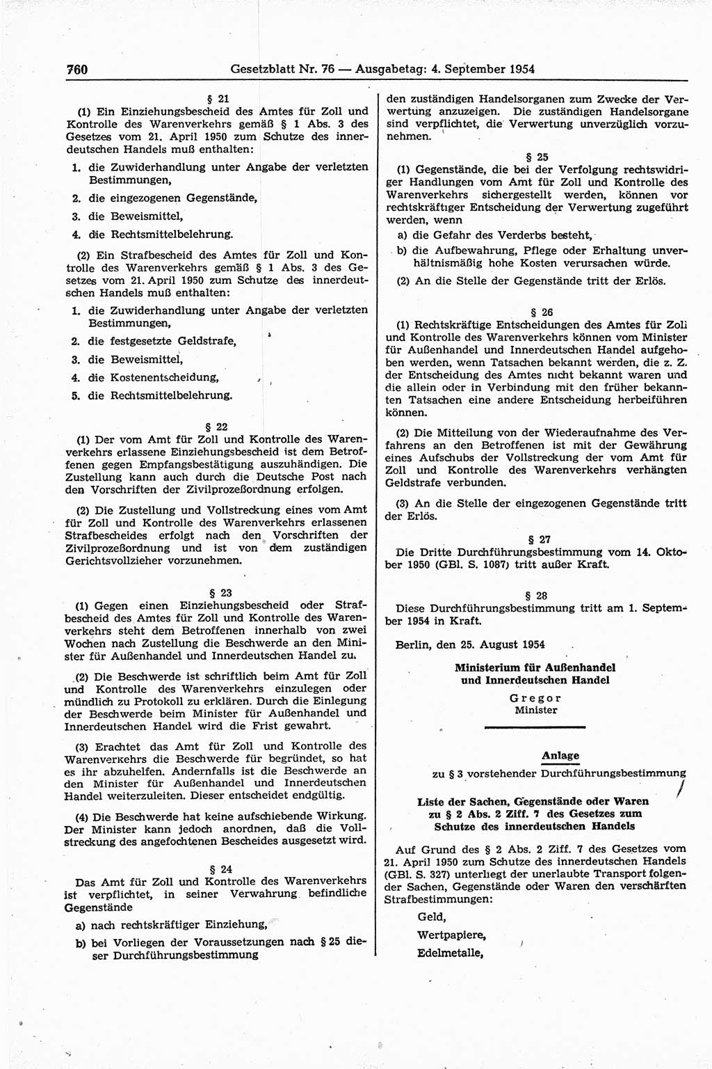 Gesetzblatt (GBl.) der Deutschen Demokratischen Republik (DDR) 1954, Seite 760 (GBl. DDR 1954, S. 760)