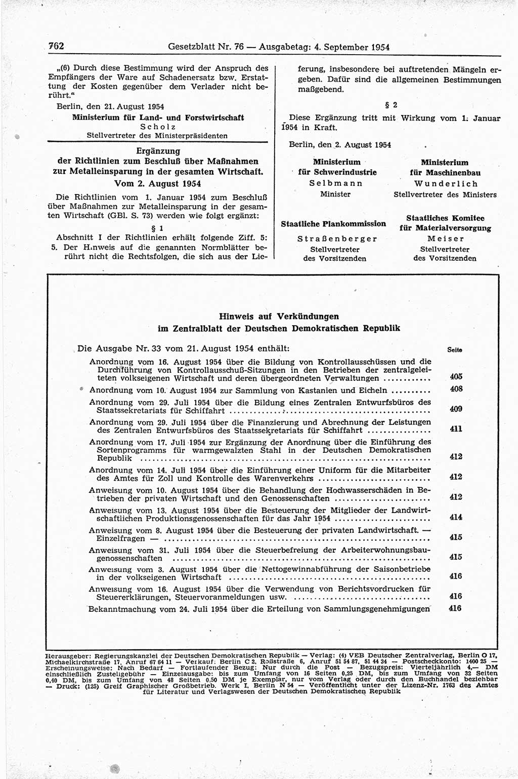Gesetzblatt (GBl.) der Deutschen Demokratischen Republik (DDR) 1954, Seite 762 (GBl. DDR 1954, S. 762)