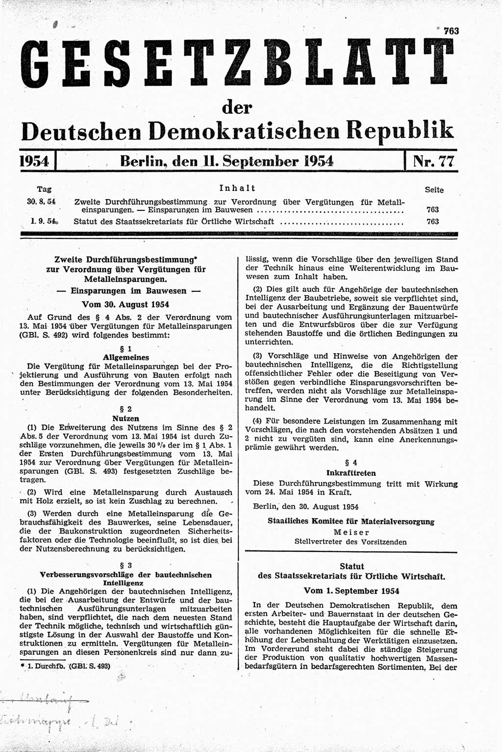 Gesetzblatt (GBl.) der Deutschen Demokratischen Republik (DDR) 1954, Seite 763 (GBl. DDR 1954, S. 763)