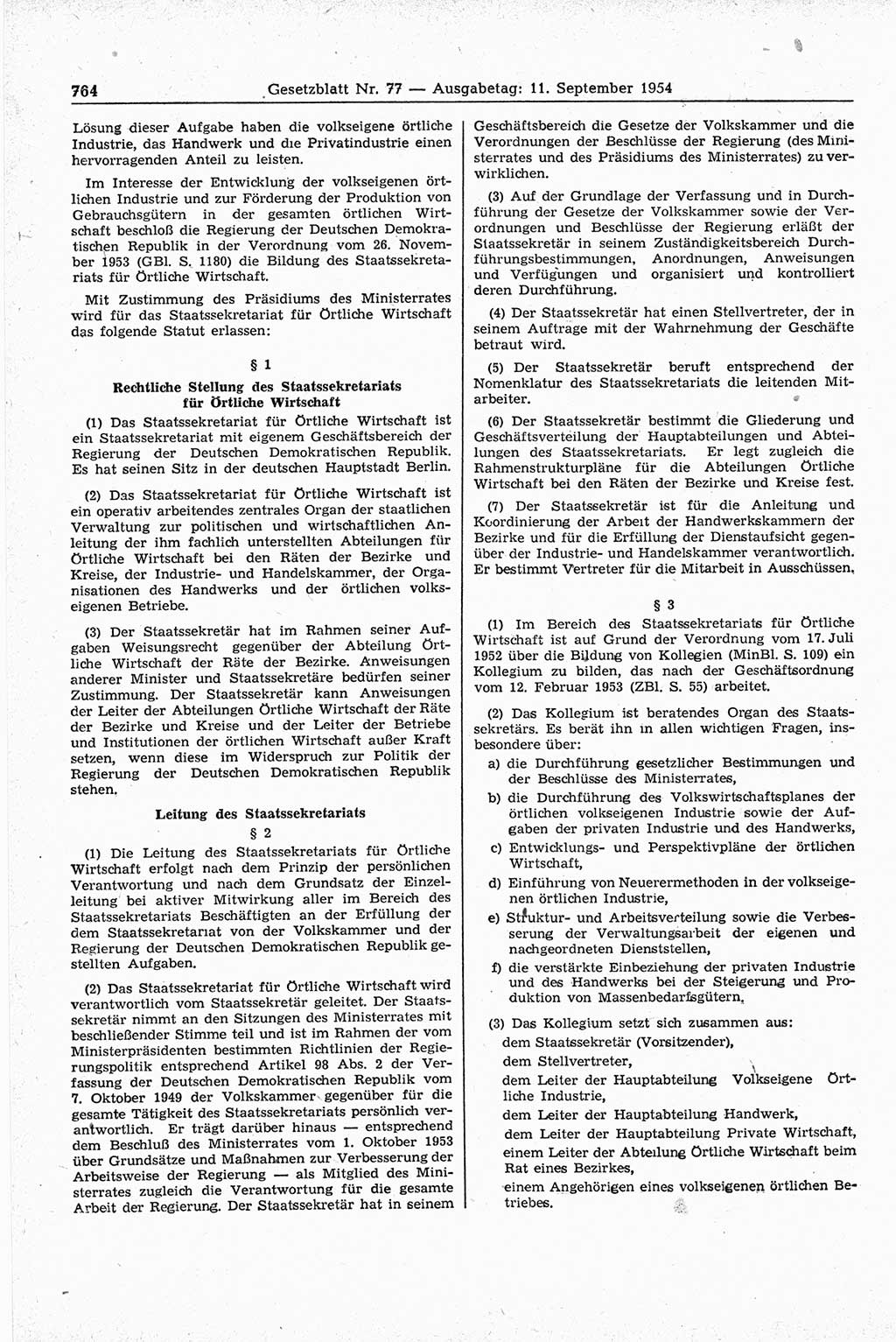 Gesetzblatt (GBl.) der Deutschen Demokratischen Republik (DDR) 1954, Seite 764 (GBl. DDR 1954, S. 764)