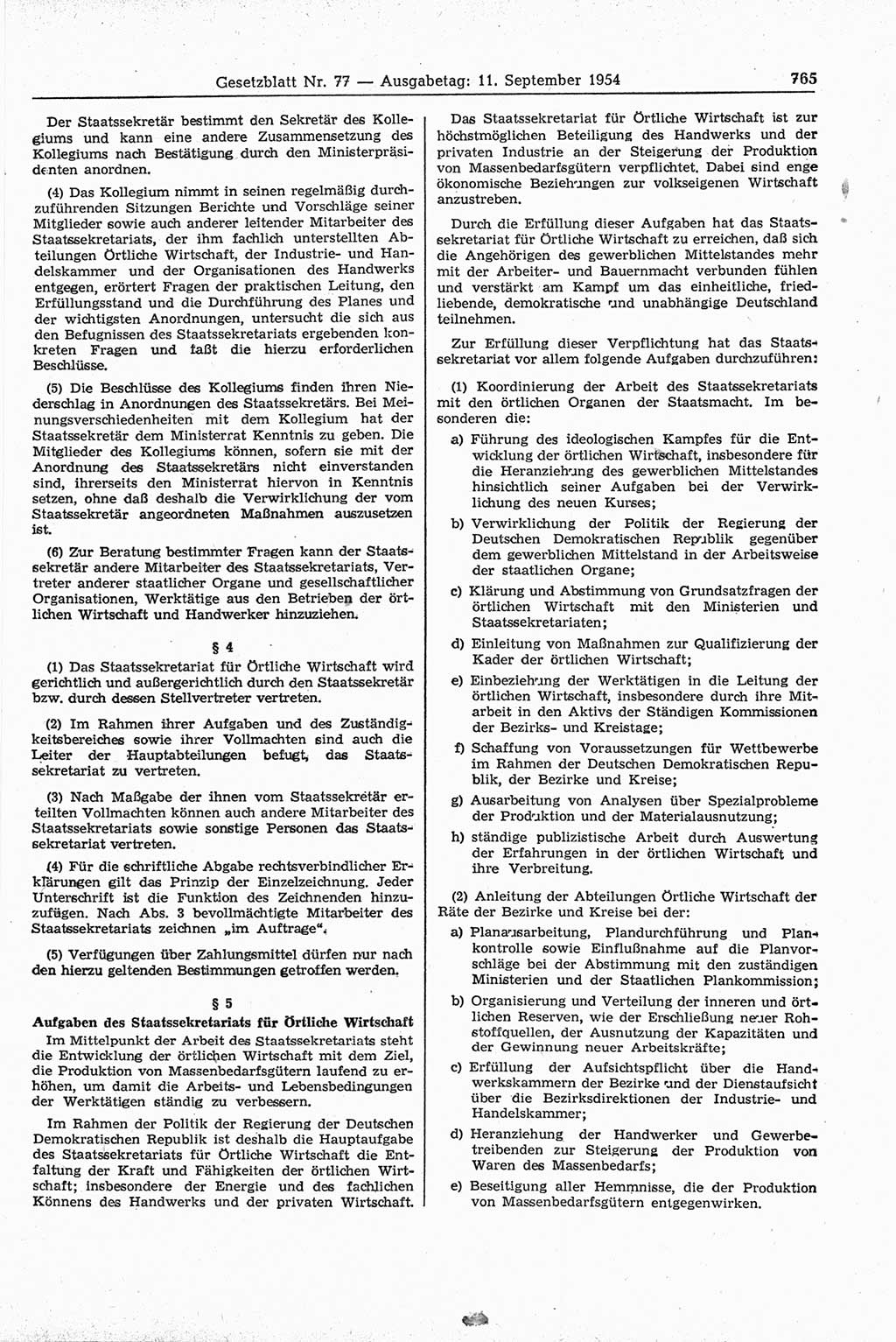 Gesetzblatt (GBl.) der Deutschen Demokratischen Republik (DDR) 1954, Seite 765 (GBl. DDR 1954, S. 765)