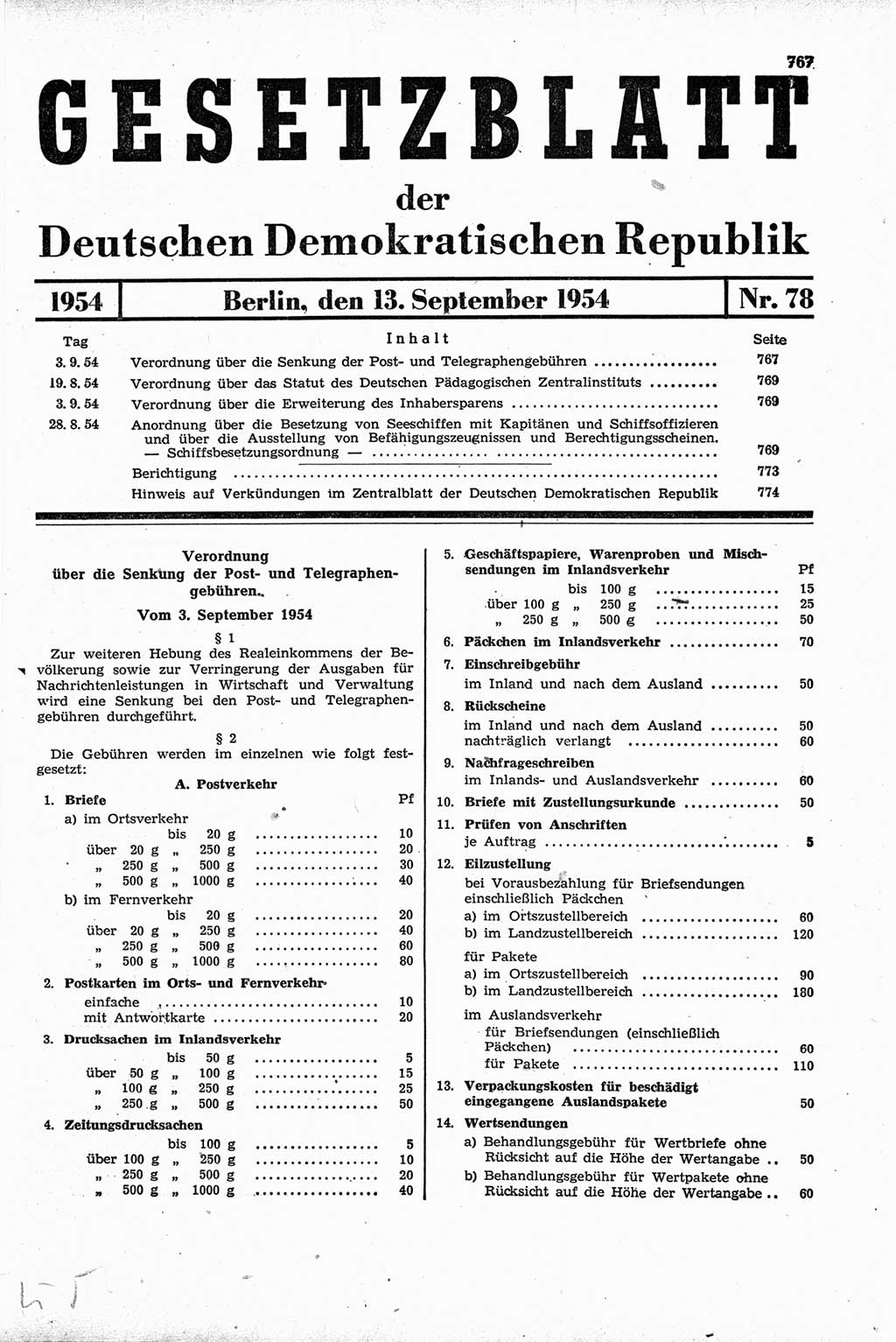 Gesetzblatt (GBl.) der Deutschen Demokratischen Republik (DDR) 1954, Seite 767 (GBl. DDR 1954, S. 767)