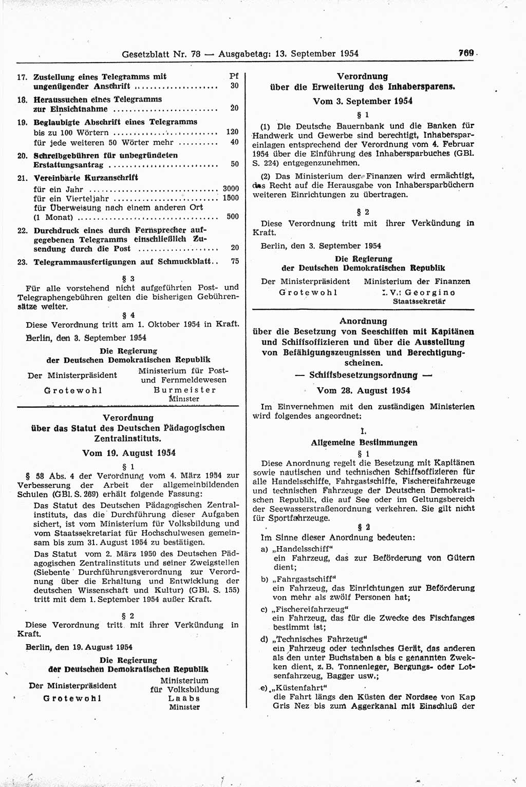 Gesetzblatt (GBl.) der Deutschen Demokratischen Republik (DDR) 1954, Seite 769 (GBl. DDR 1954, S. 769)