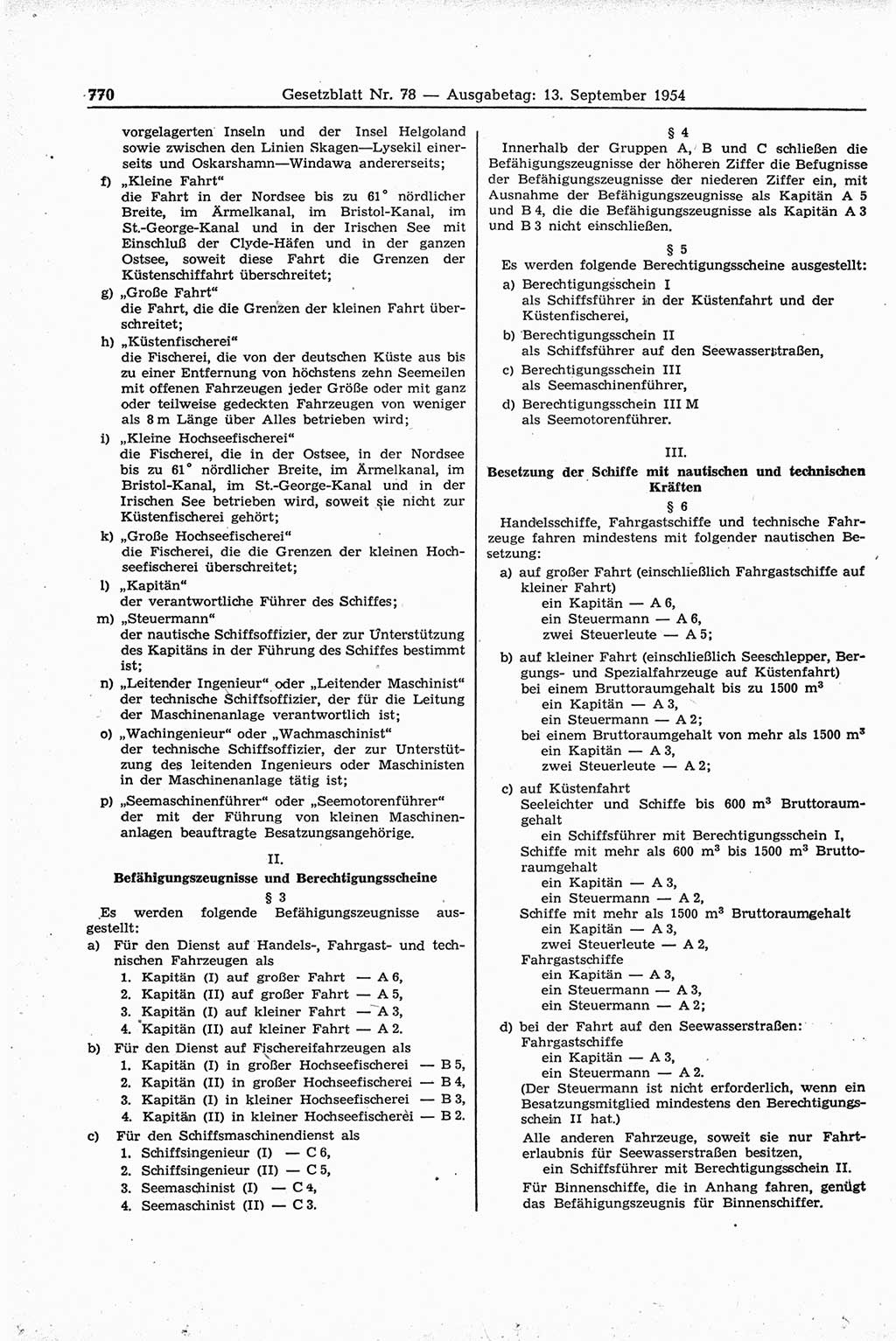 Gesetzblatt (GBl.) der Deutschen Demokratischen Republik (DDR) 1954, Seite 770 (GBl. DDR 1954, S. 770)