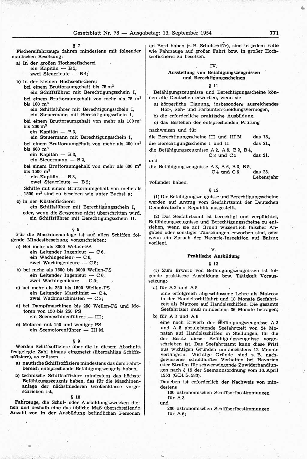 Gesetzblatt (GBl.) der Deutschen Demokratischen Republik (DDR) 1954, Seite 771 (GBl. DDR 1954, S. 771)