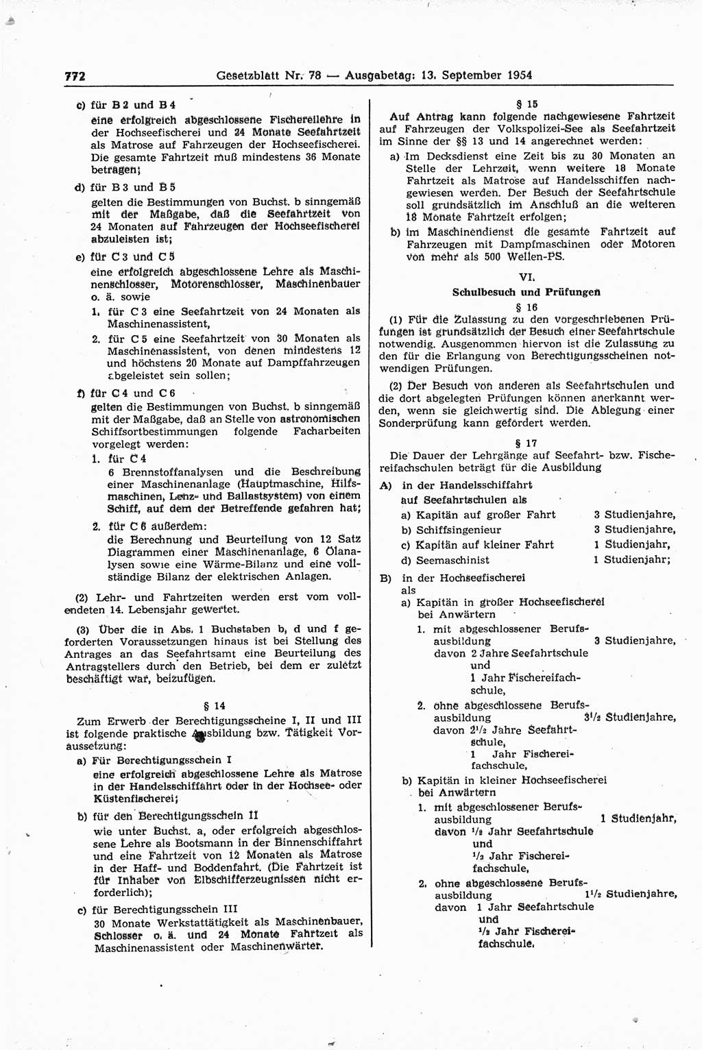 Gesetzblatt (GBl.) der Deutschen Demokratischen Republik (DDR) 1954, Seite 772 (GBl. DDR 1954, S. 772)