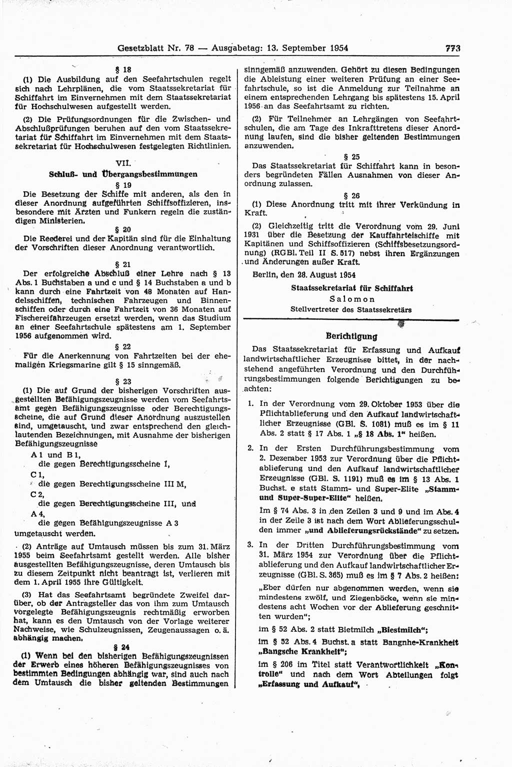 Gesetzblatt (GBl.) der Deutschen Demokratischen Republik (DDR) 1954, Seite 773 (GBl. DDR 1954, S. 773)