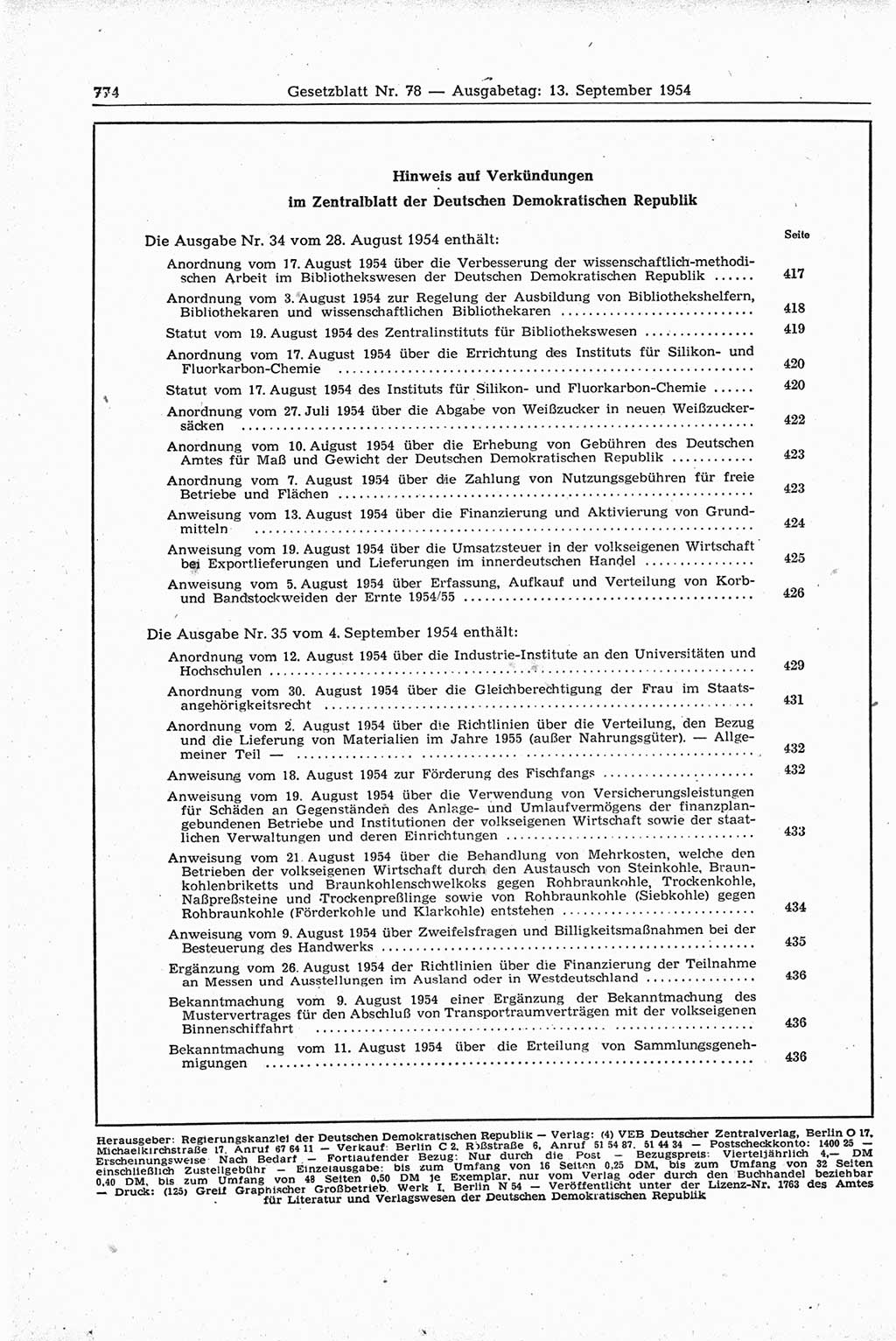 Gesetzblatt (GBl.) der Deutschen Demokratischen Republik (DDR) 1954, Seite 774 (GBl. DDR 1954, S. 774)