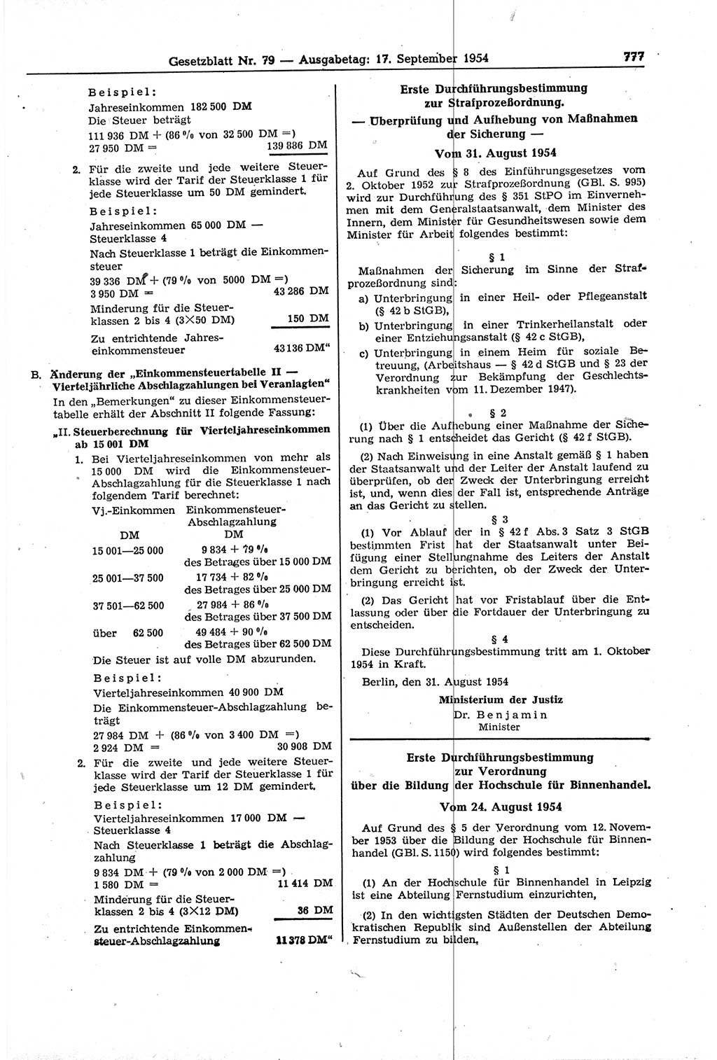 Gesetzblatt (GBl.) der Deutschen Demokratischen Republik (DDR) 1954, Seite 777 (GBl. DDR 1954, S. 777)