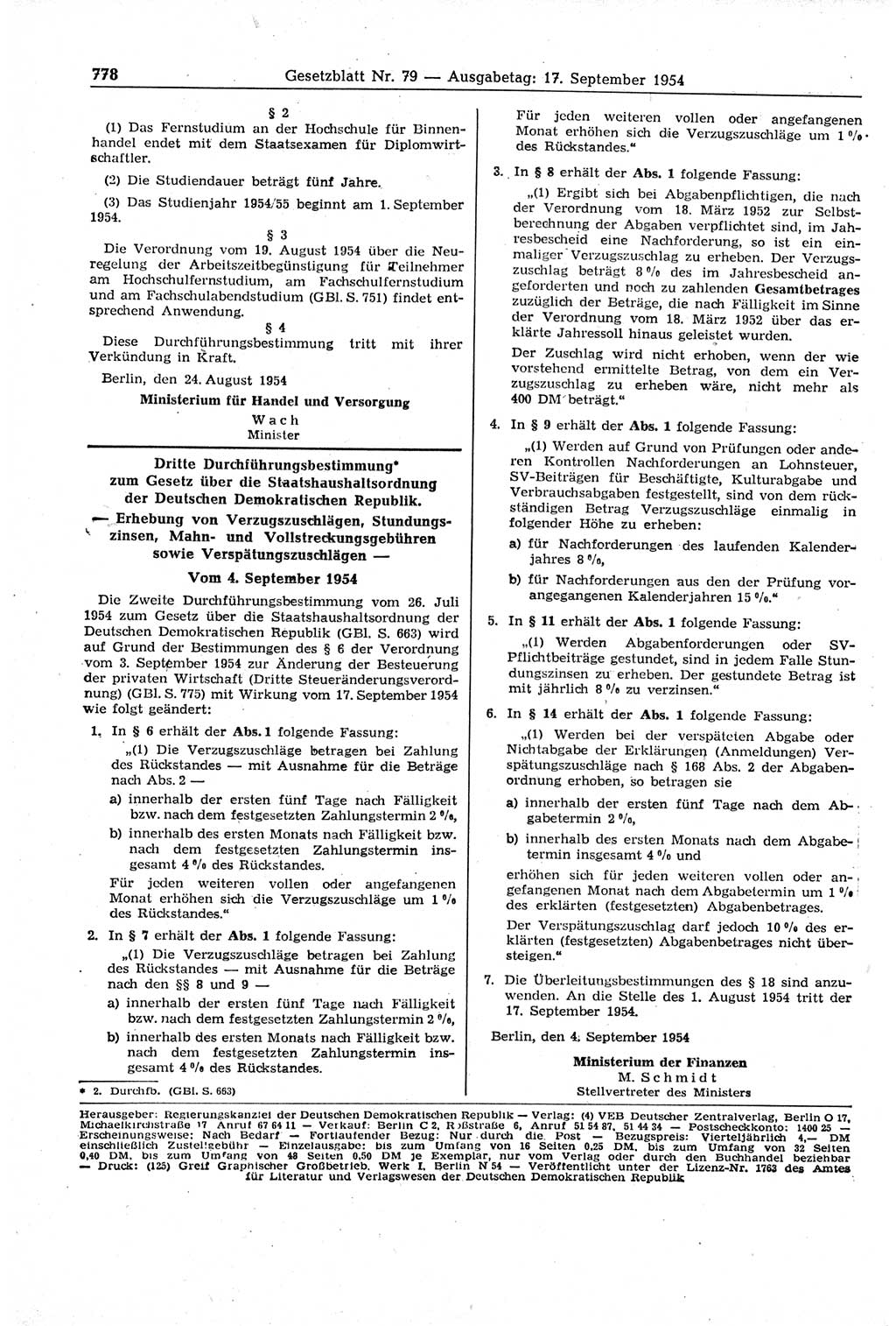 Gesetzblatt (GBl.) der Deutschen Demokratischen Republik (DDR) 1954, Seite 778 (GBl. DDR 1954, S. 778)
