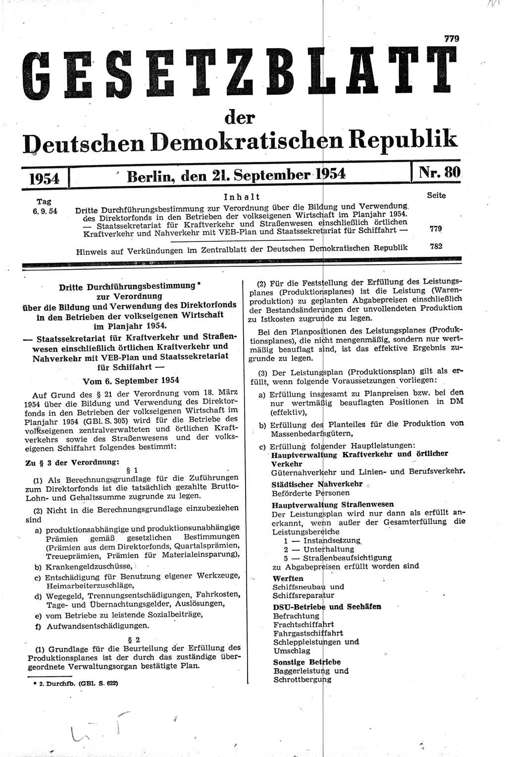 Gesetzblatt (GBl.) der Deutschen Demokratischen Republik (DDR) 1954, Seite 779 (GBl. DDR 1954, S. 779)