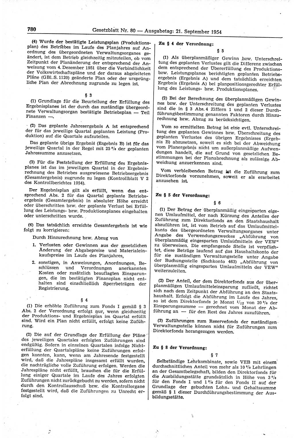 Gesetzblatt (GBl.) der Deutschen Demokratischen Republik (DDR) 1954, Seite 780 (GBl. DDR 1954, S. 780)
