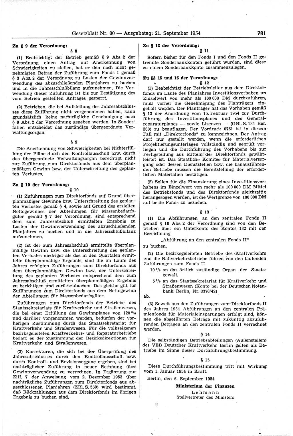 Gesetzblatt (GBl.) der Deutschen Demokratischen Republik (DDR) 1954, Seite 781 (GBl. DDR 1954, S. 781)