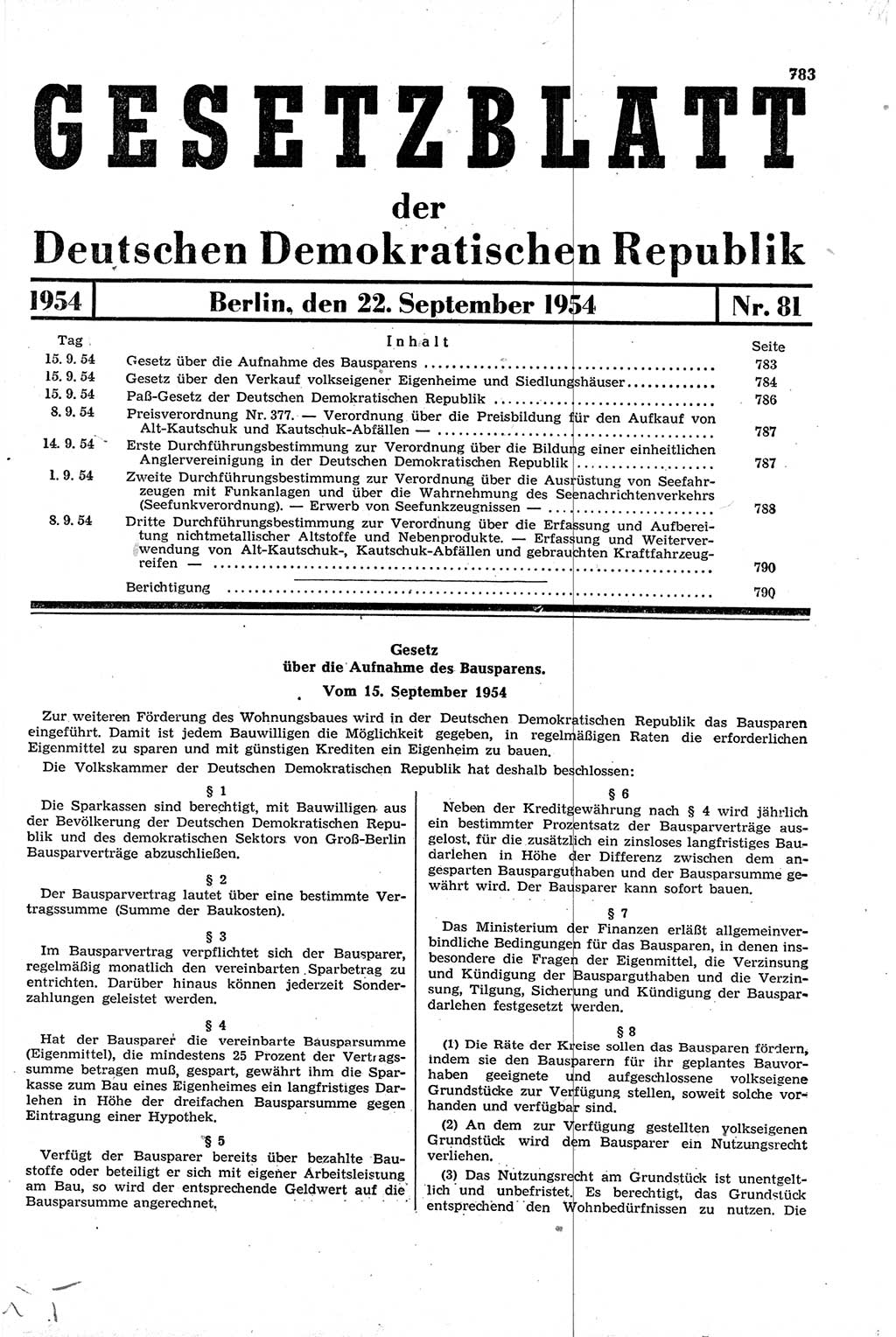 Gesetzblatt (GBl.) der Deutschen Demokratischen Republik (DDR) 1954, Seite 783 (GBl. DDR 1954, S. 783)