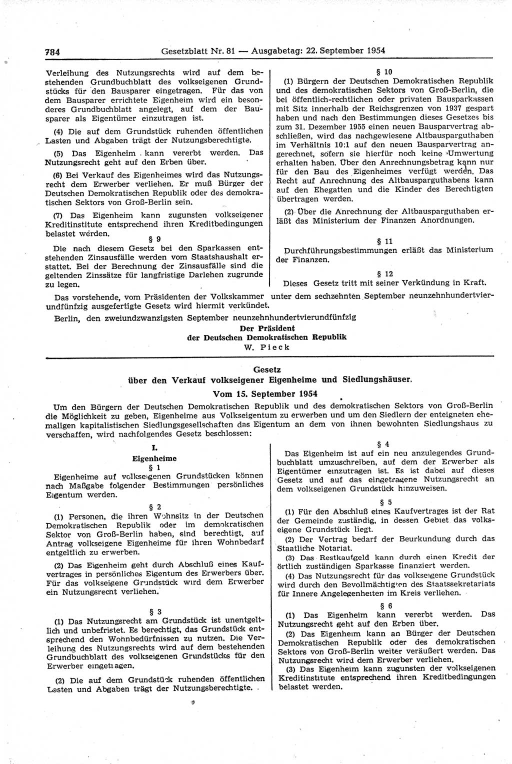 Gesetzblatt (GBl.) der Deutschen Demokratischen Republik (DDR) 1954, Seite 784 (GBl. DDR 1954, S. 784)