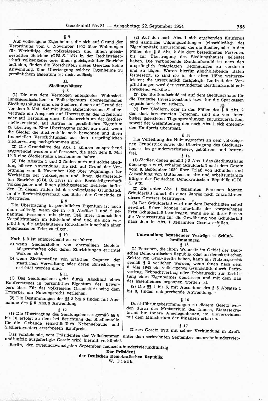 Gesetzblatt (GBl.) der Deutschen Demokratischen Republik (DDR) 1954, Seite 785 (GBl. DDR 1954, S. 785)