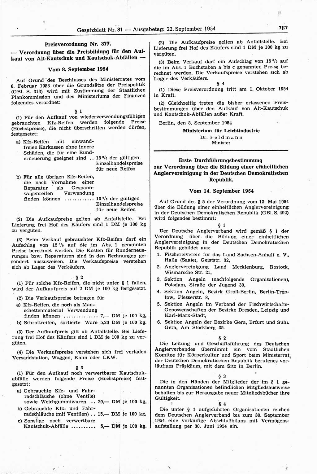 Gesetzblatt (GBl.) der Deutschen Demokratischen Republik (DDR) 1954, Seite 787 (GBl. DDR 1954, S. 787)