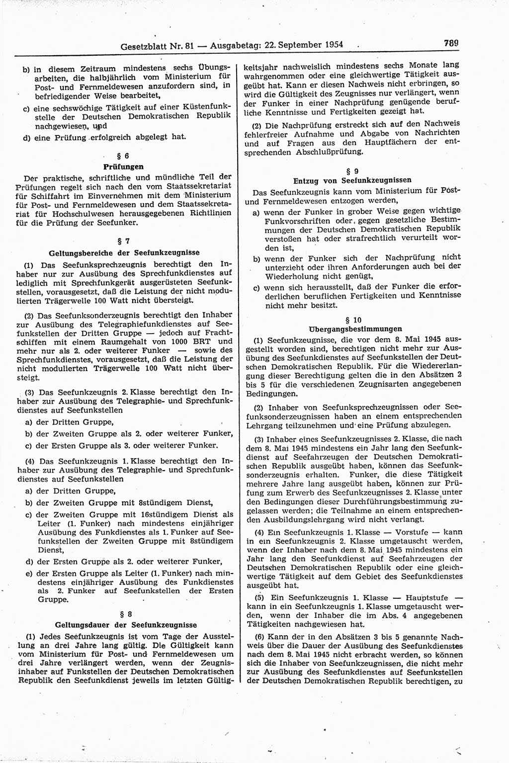 Gesetzblatt (GBl.) der Deutschen Demokratischen Republik (DDR) 1954, Seite 789 (GBl. DDR 1954, S. 789)