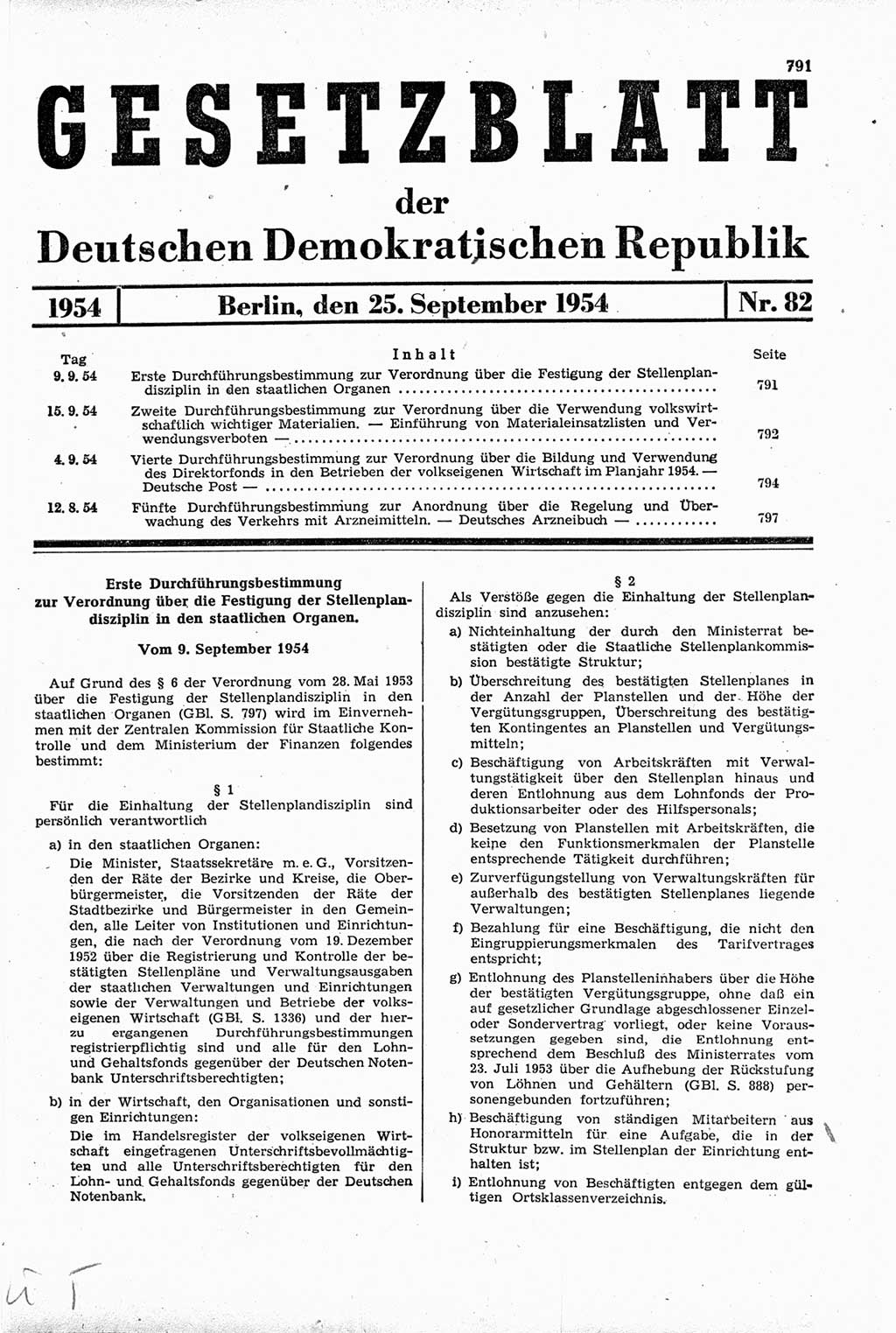 Gesetzblatt (GBl.) der Deutschen Demokratischen Republik (DDR) 1954, Seite 791 (GBl. DDR 1954, S. 791)