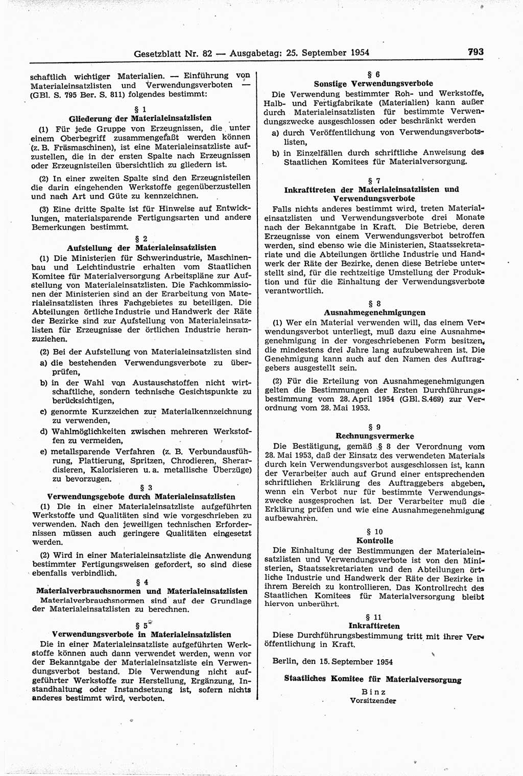Gesetzblatt (GBl.) der Deutschen Demokratischen Republik (DDR) 1954, Seite 793 (GBl. DDR 1954, S. 793)
