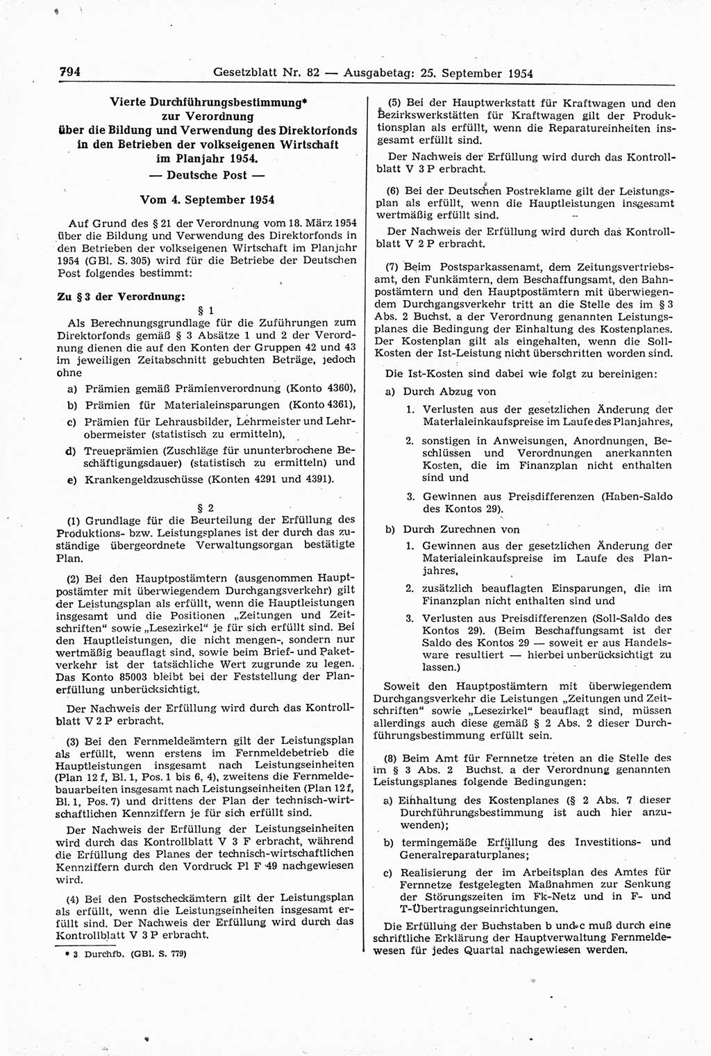 Gesetzblatt (GBl.) der Deutschen Demokratischen Republik (DDR) 1954, Seite 794 (GBl. DDR 1954, S. 794)
