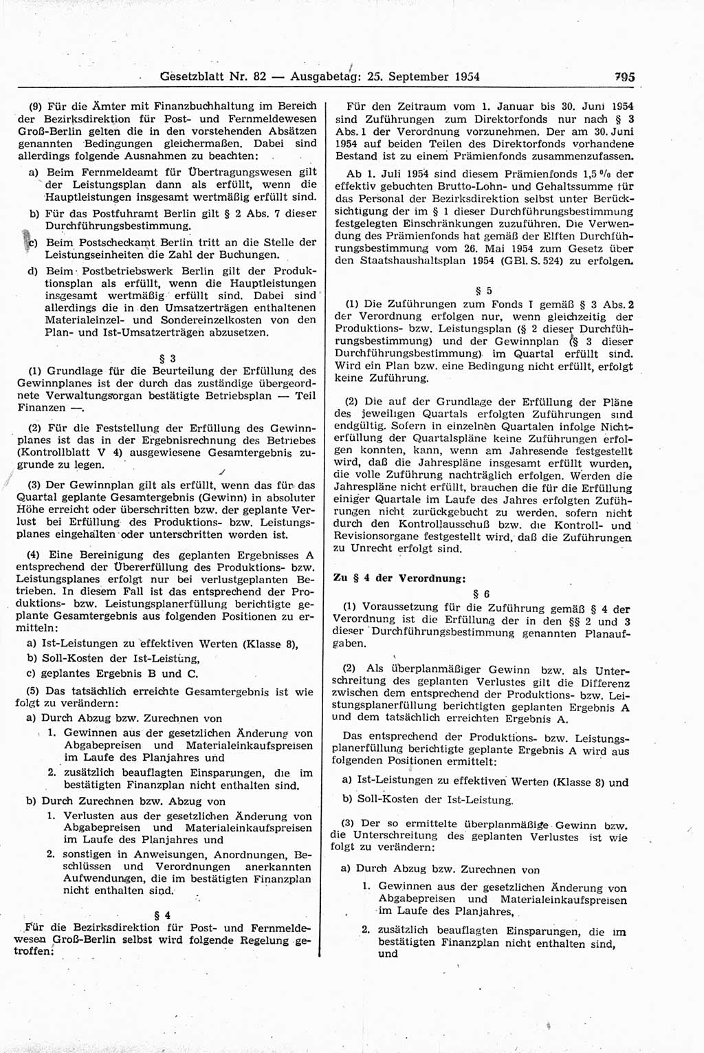 Gesetzblatt (GBl.) der Deutschen Demokratischen Republik (DDR) 1954, Seite 795 (GBl. DDR 1954, S. 795)