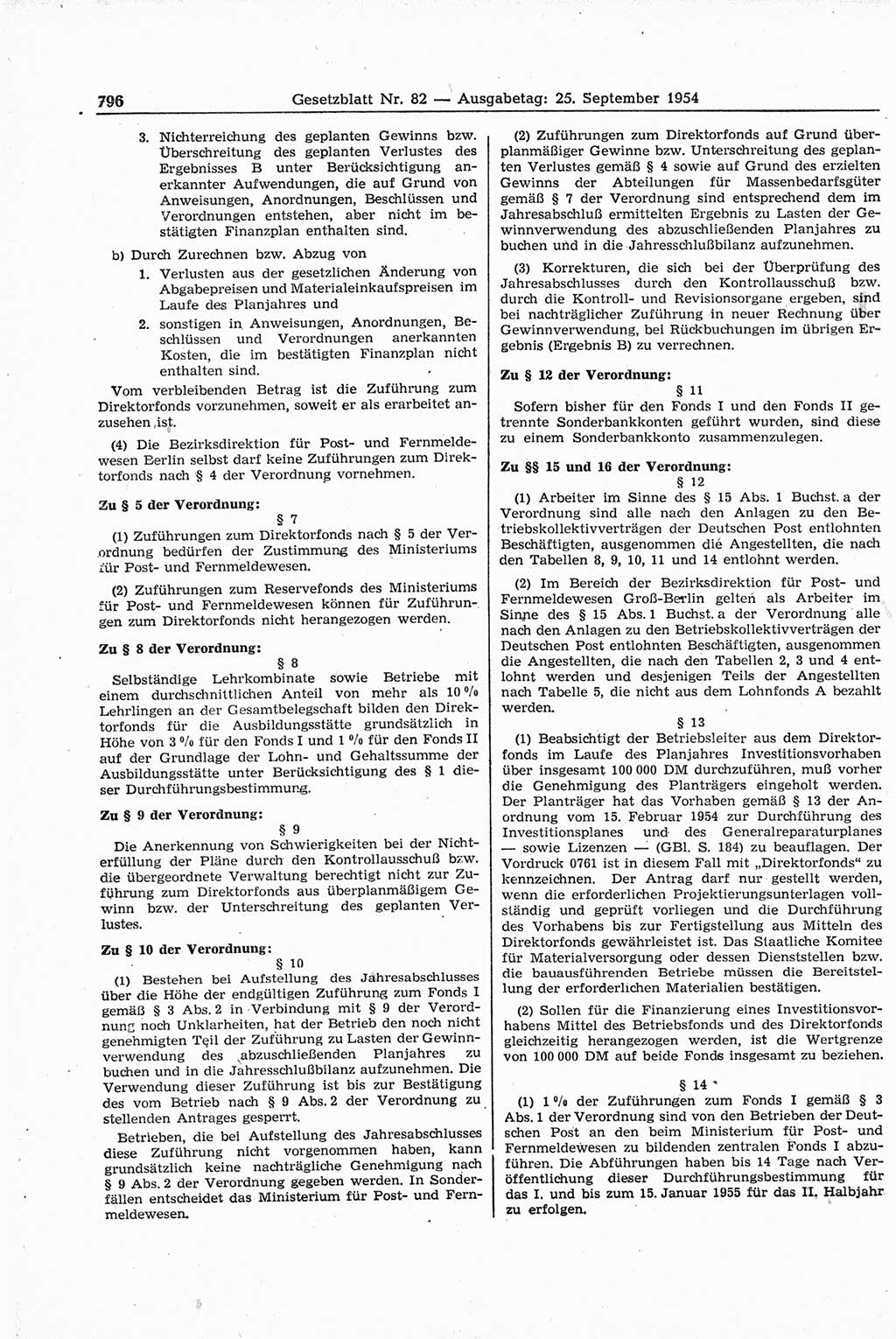 Gesetzblatt (GBl.) der Deutschen Demokratischen Republik (DDR) 1954, Seite 796 (GBl. DDR 1954, S. 796)