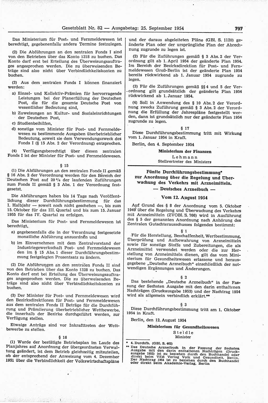 Gesetzblatt (GBl.) der Deutschen Demokratischen Republik (DDR) 1954, Seite 797 (GBl. DDR 1954, S. 797)