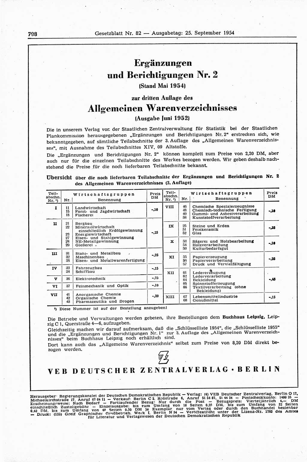 Gesetzblatt (GBl.) der Deutschen Demokratischen Republik (DDR) 1954, Seite 798 (GBl. DDR 1954, S. 798)