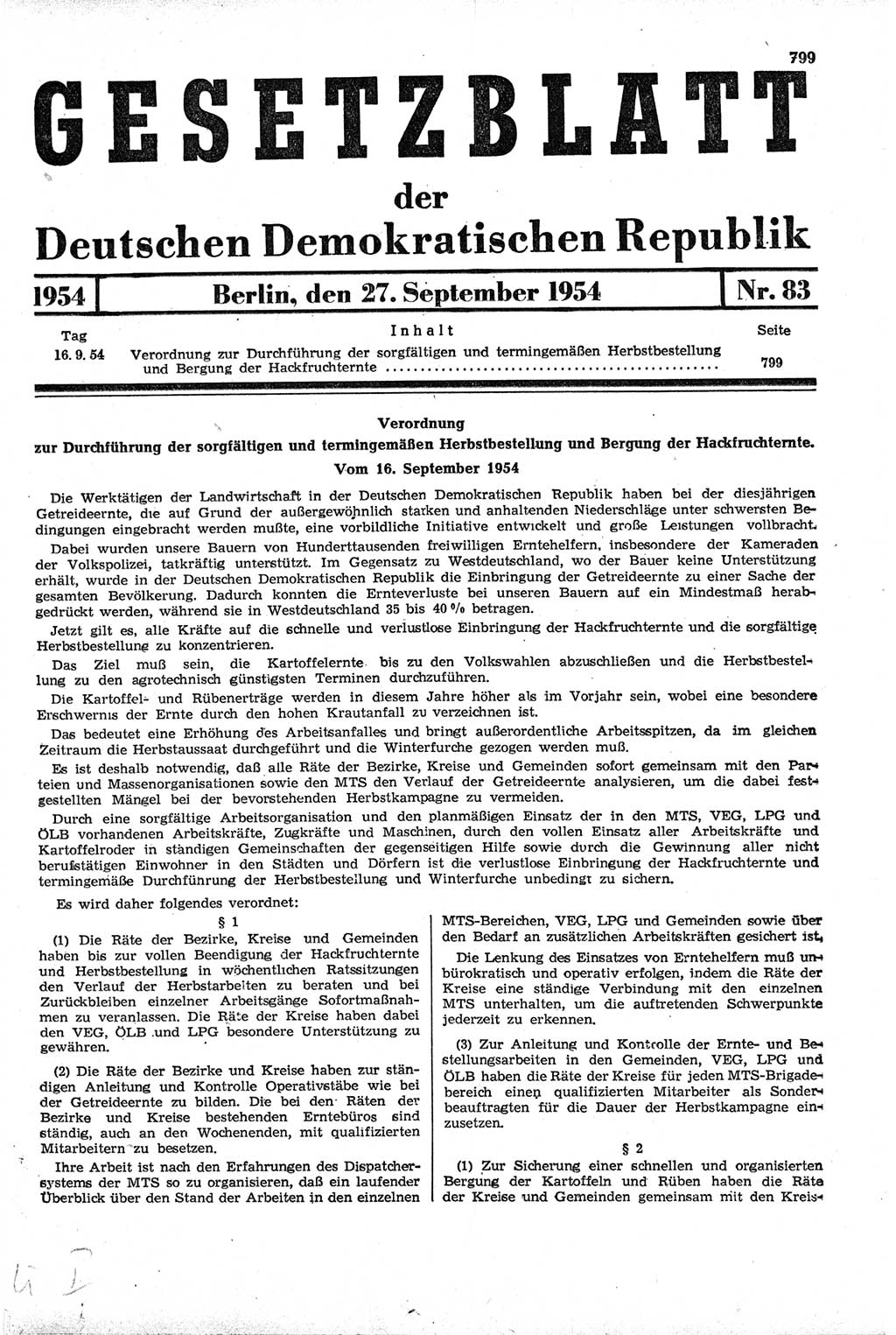 Gesetzblatt (GBl.) der Deutschen Demokratischen Republik (DDR) 1954, Seite 799 (GBl. DDR 1954, S. 799)